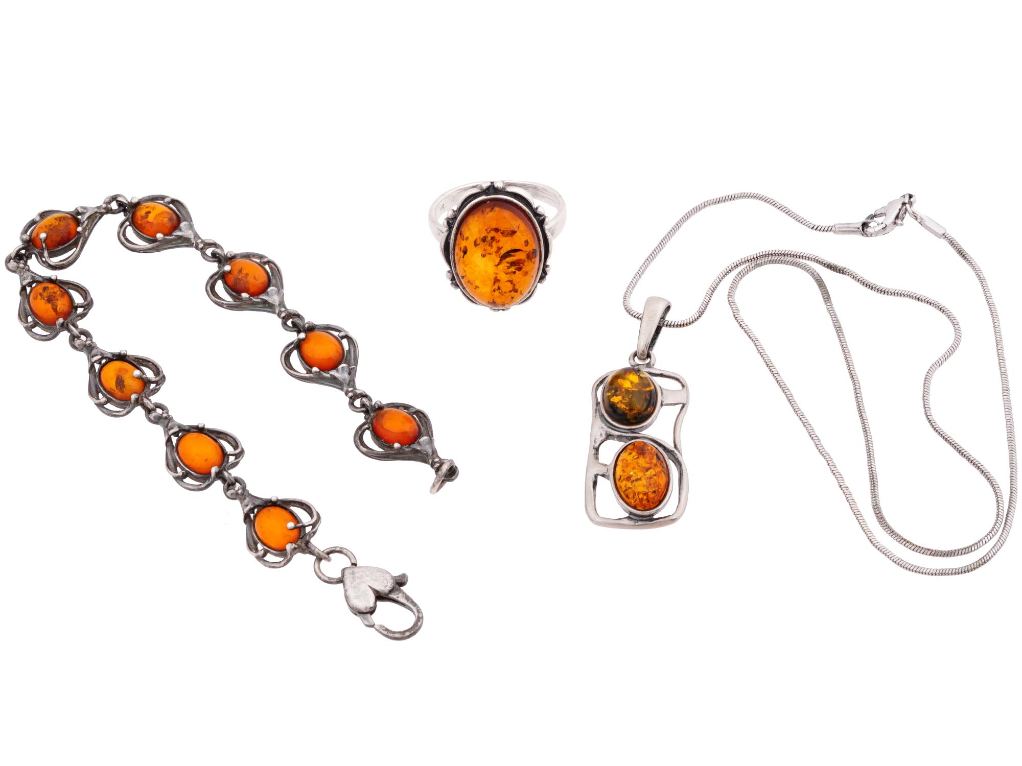 VINTAGE SILVER AMBER PENDANT RING BRACELET SET PIC-0