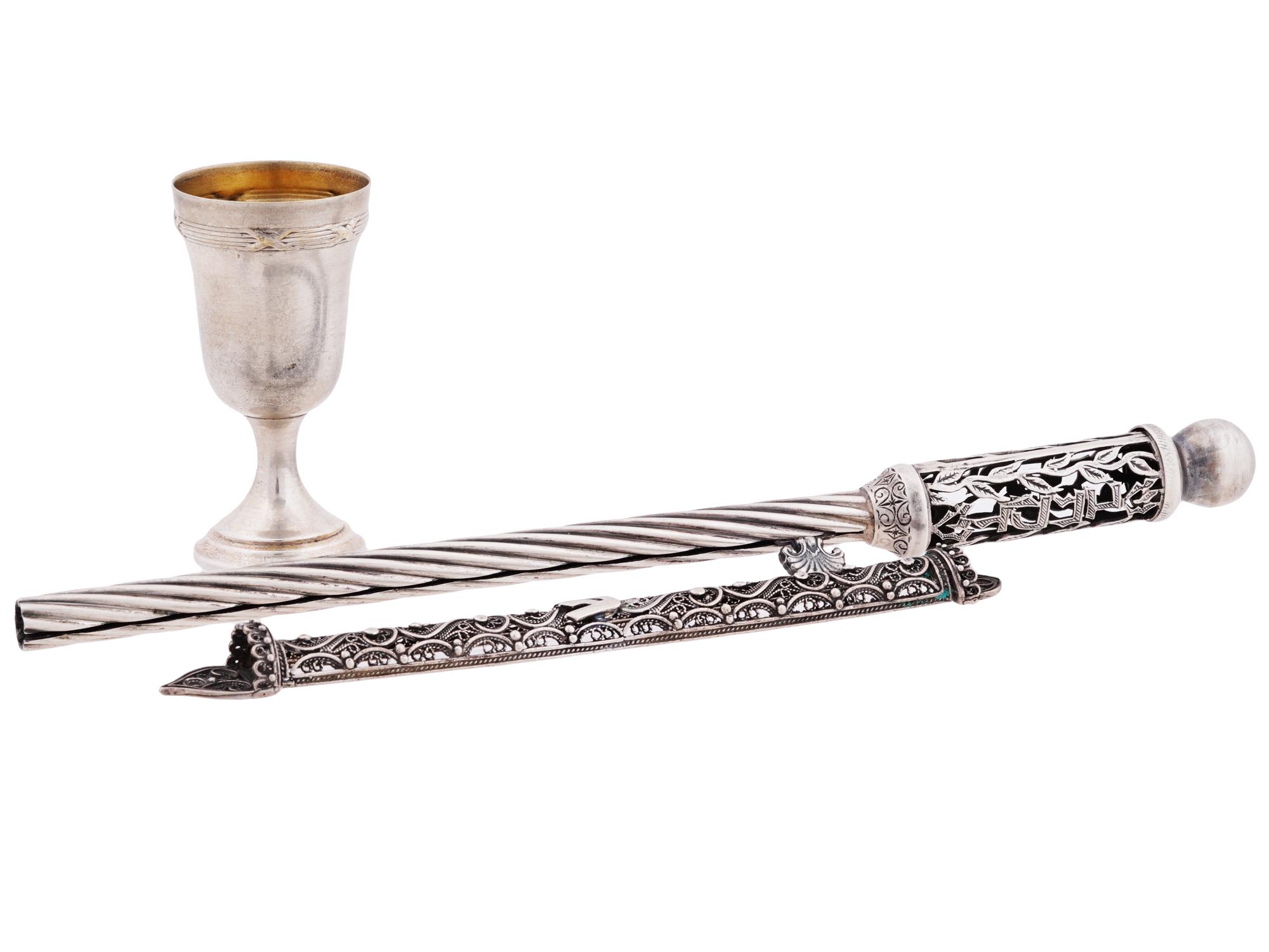 RUSSIAN SILVER JUDAICA CUP MEZUZAH AND TORAH POINTER PIC-0