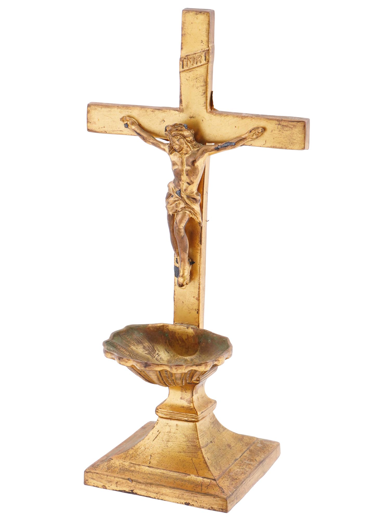 ANTIQUE BRASS JESUS CHRIST CRUCIFIX CROSS STAND PIC-0