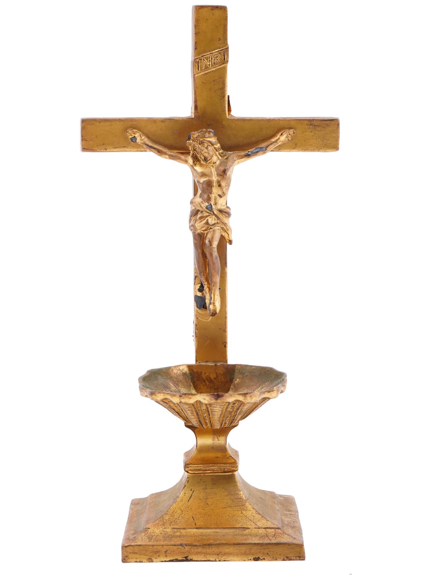 ANTIQUE BRASS JESUS CHRIST CRUCIFIX CROSS STAND PIC-1