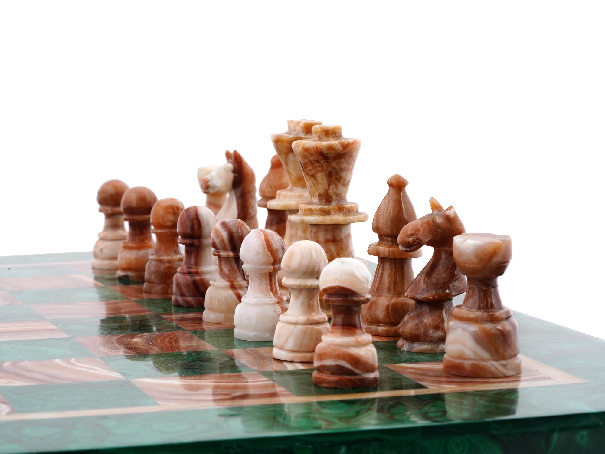 RUSSIAN HAND CARVED MALACHITE AND AGATE CHESS SET PIC-4