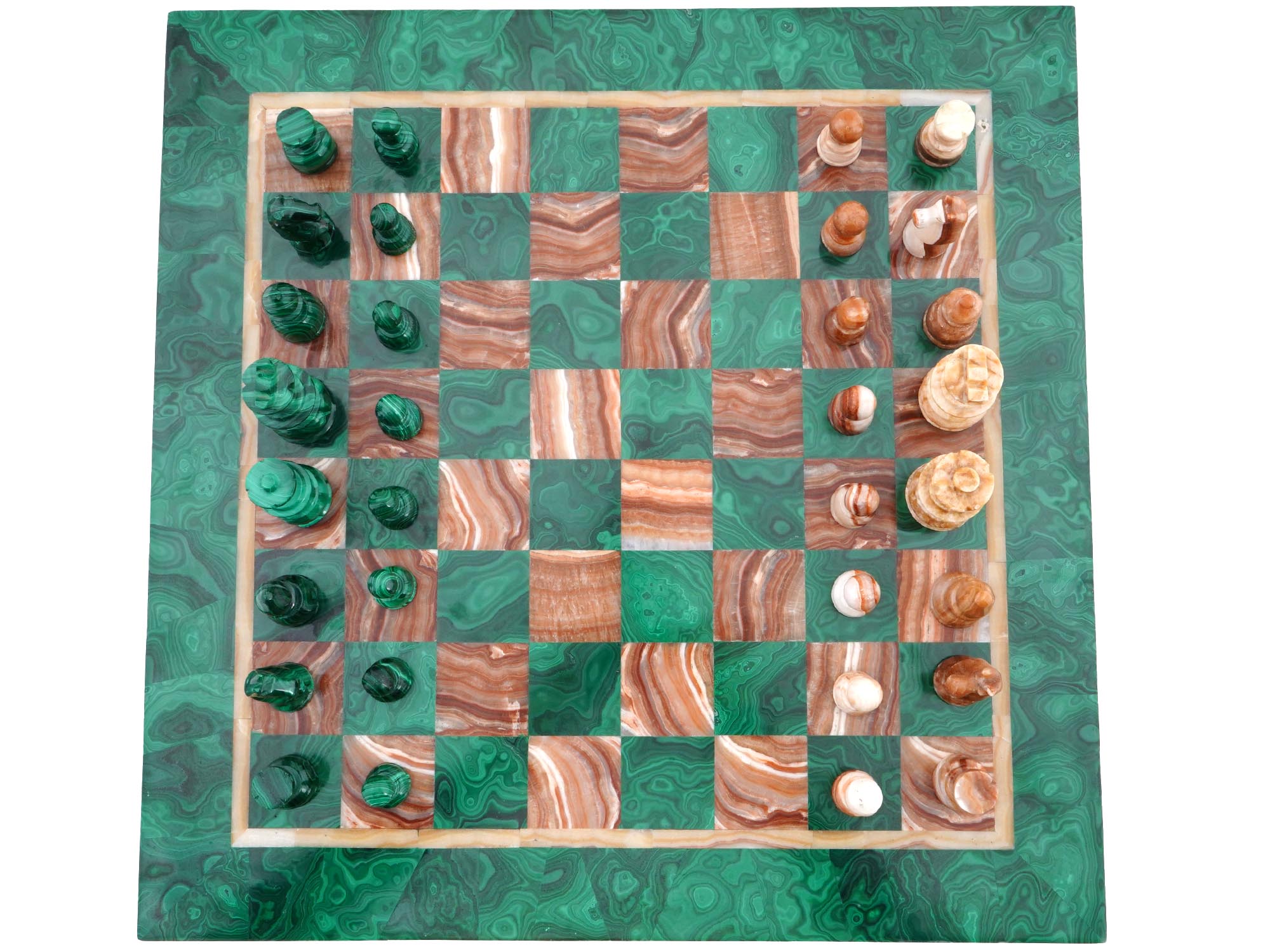 RUSSIAN HAND CARVED MALACHITE AND AGATE CHESS SET PIC-1