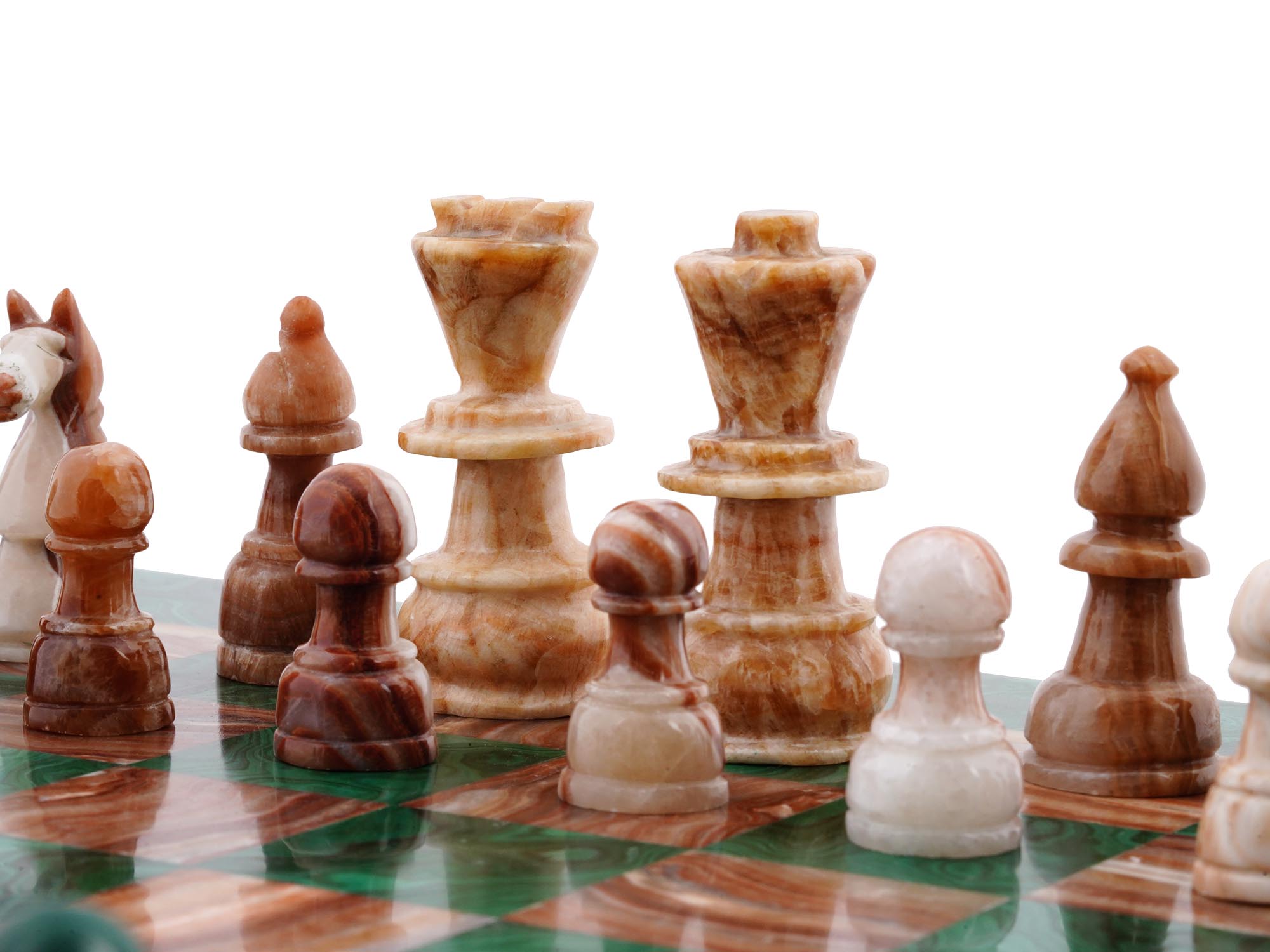 RUSSIAN HAND CARVED MALACHITE AND AGATE CHESS SET PIC-5