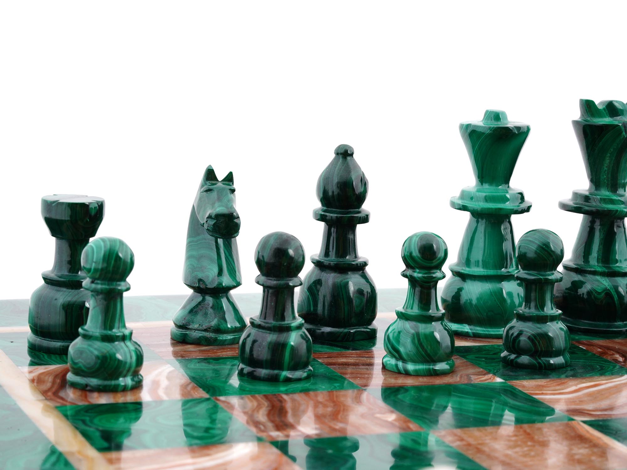 RUSSIAN HAND CARVED MALACHITE AND AGATE CHESS SET PIC-6