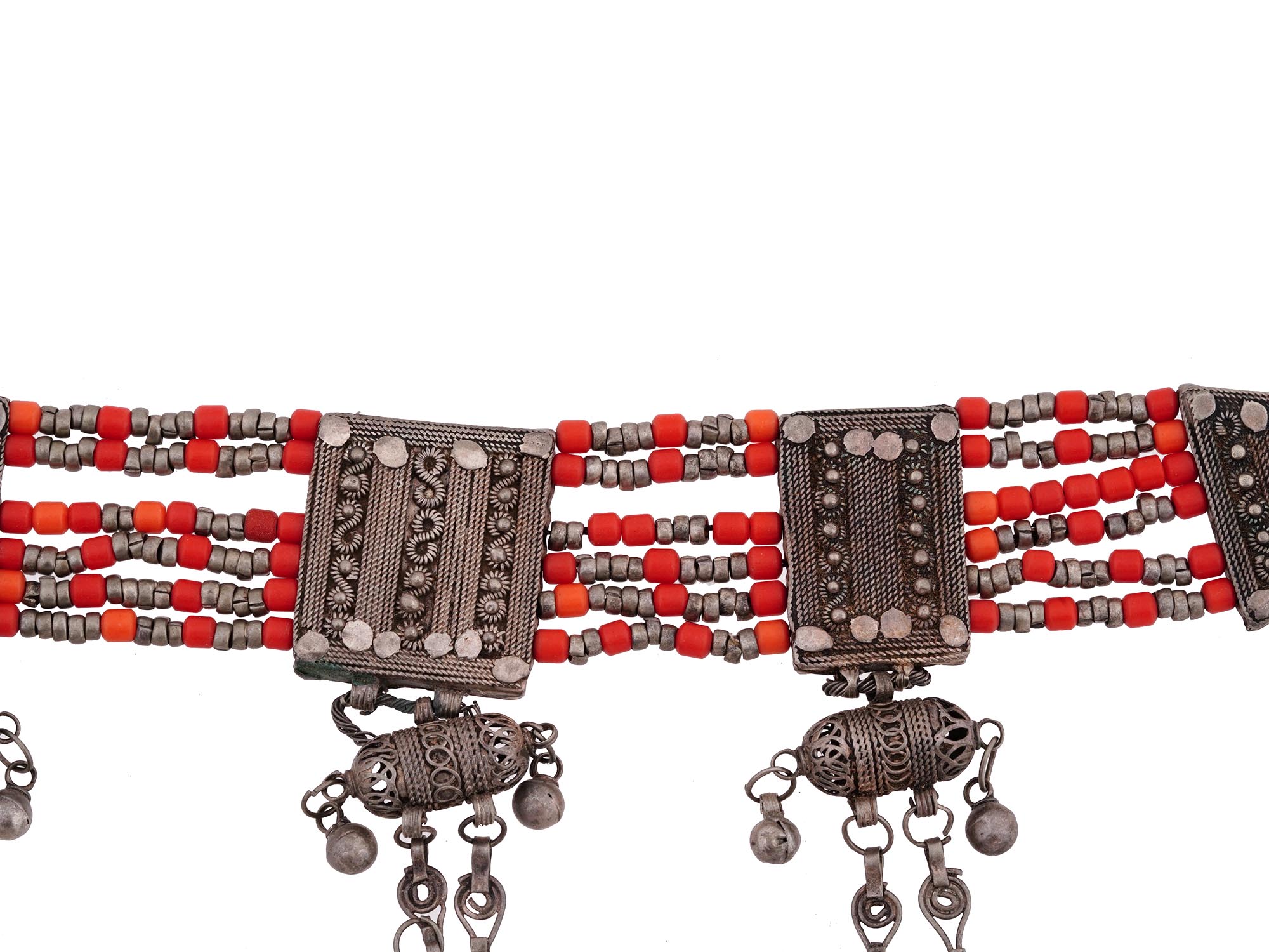 ANTIQUE TURKMEN SILVER MARRIAGE BELT WITH CORAL BEADS PIC-2