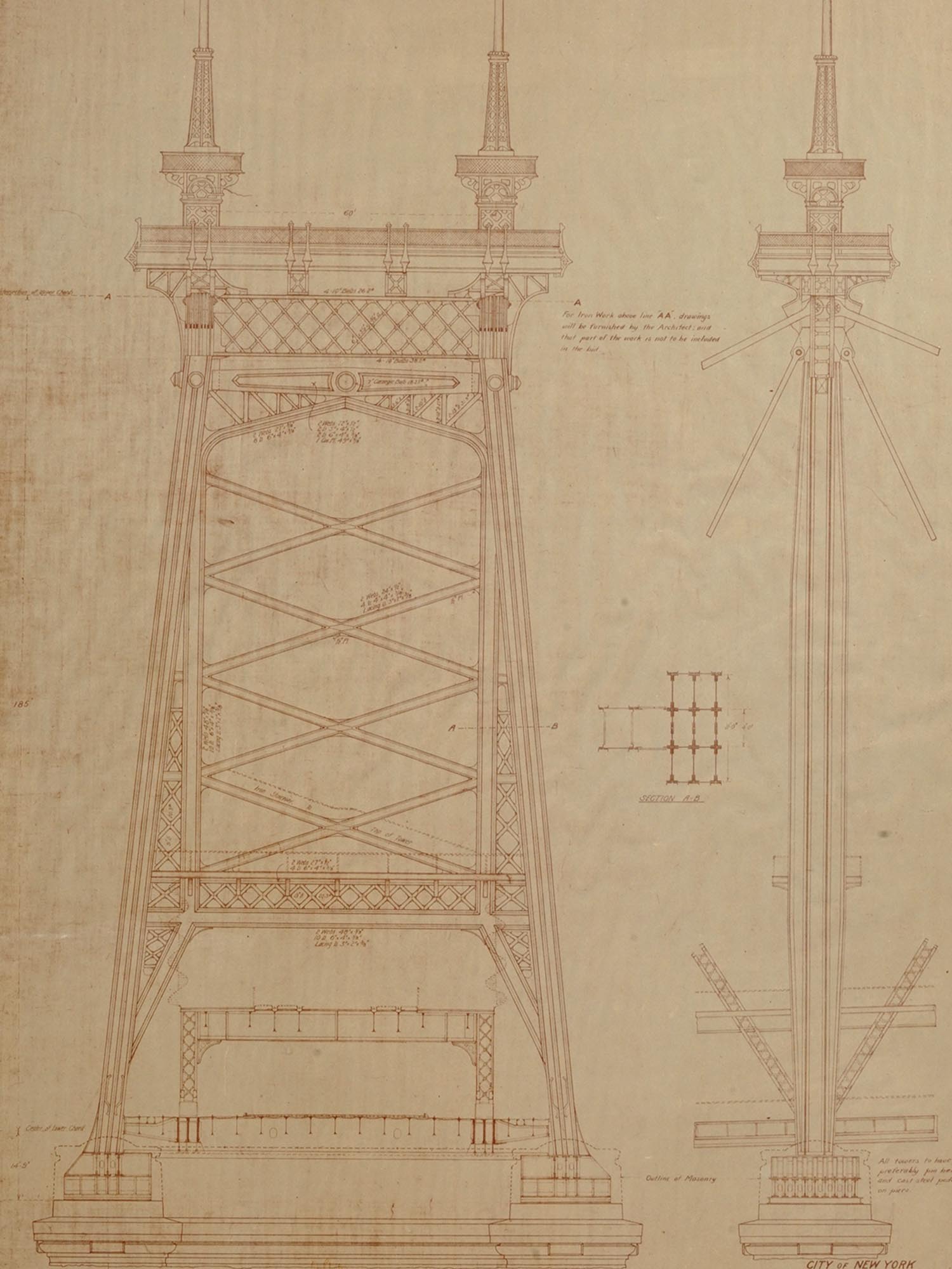 ANTIQUE QUEENSBORO BRIDGE ENGINEER DRAWING PIC-1