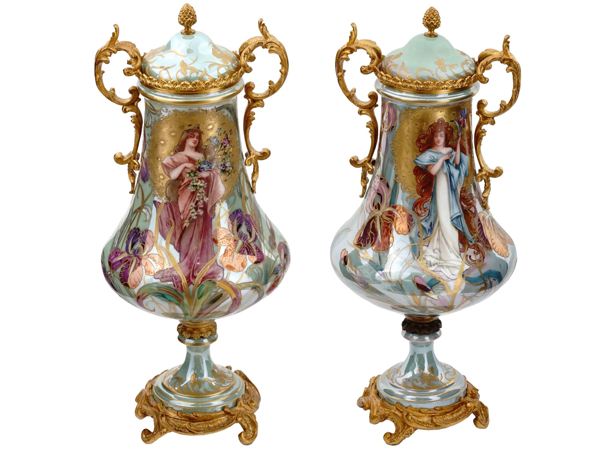 ANTIQUE FRENCH SEVRES ART NOUVEAU PORCELAIN VASES PIC-0