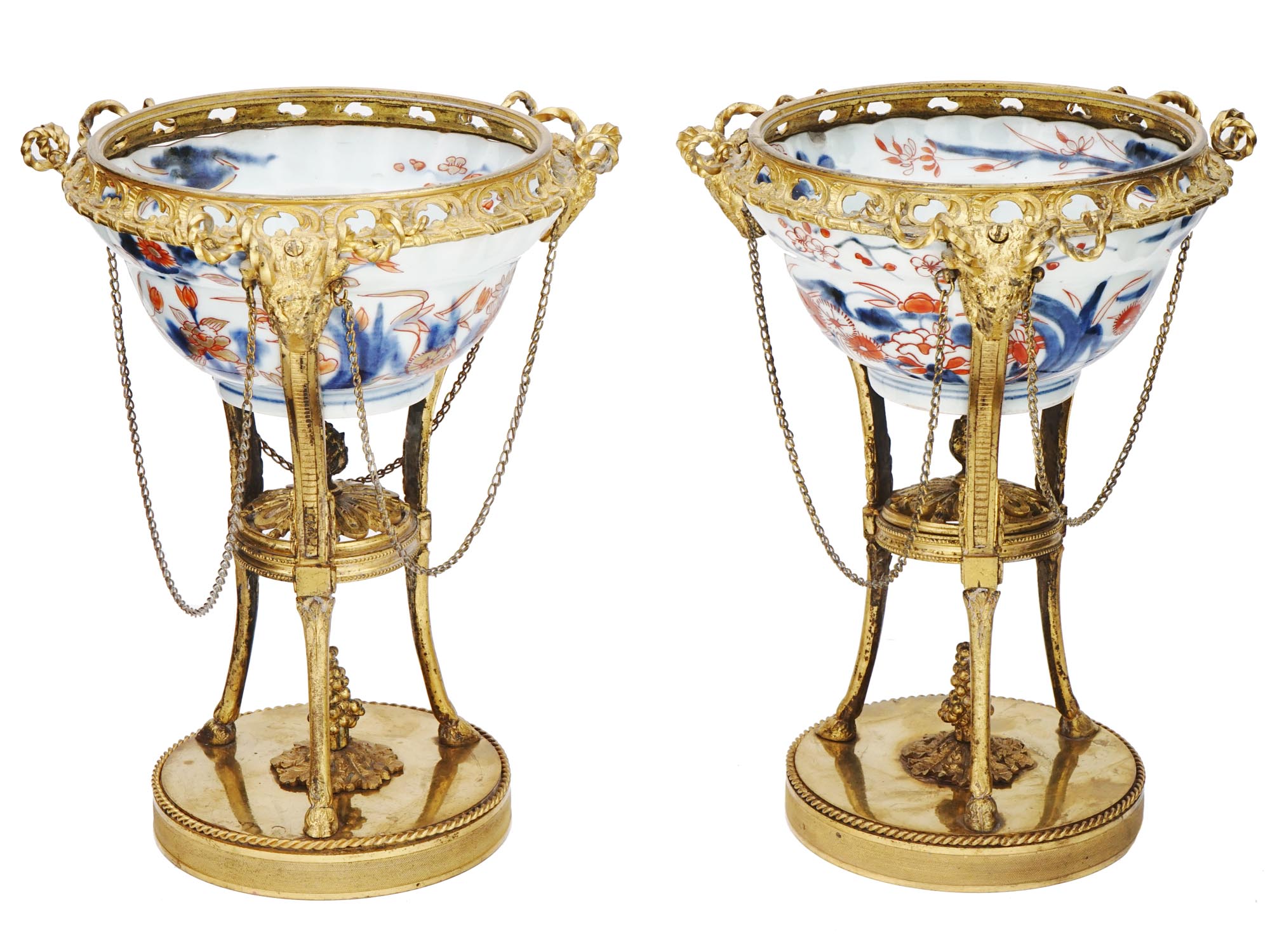 ANTIQUE FRENCH PORCELAIN GILT BRONZE TRIPOD VASES PIC-2