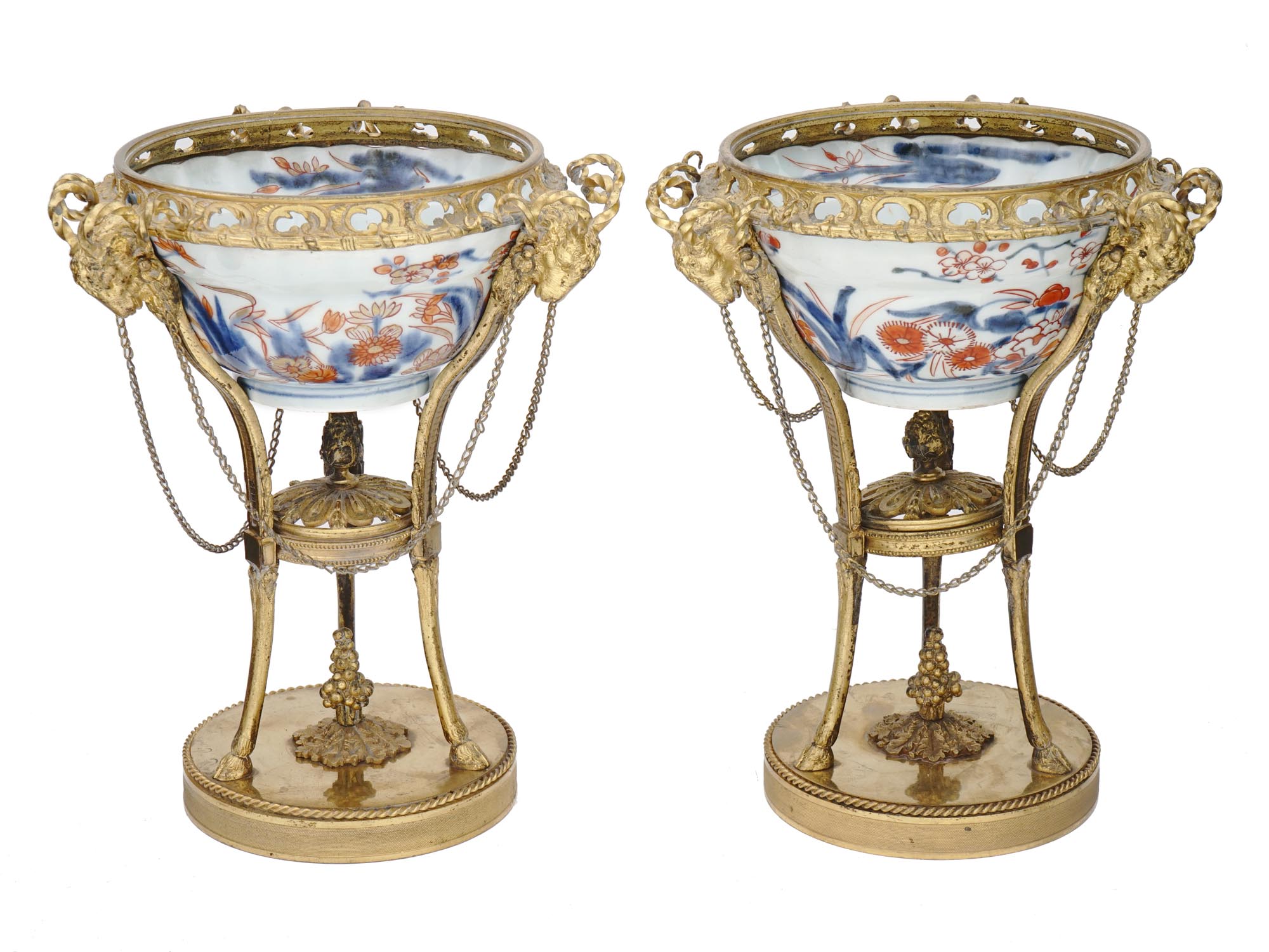 ANTIQUE FRENCH PORCELAIN GILT BRONZE TRIPOD VASES PIC-3