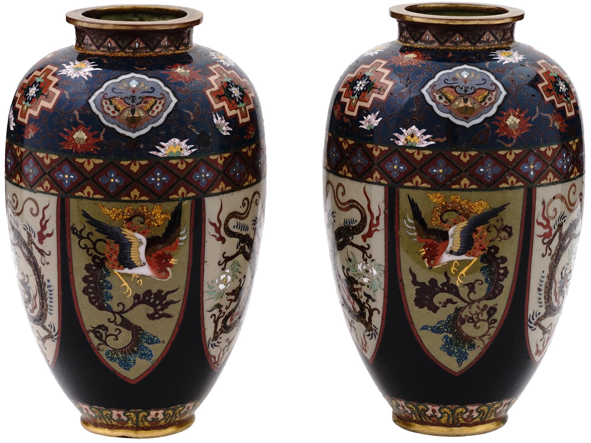 ANTIQUE JAPANESE MEIJI ERA CLOISONNE ENAMEL VASES PIC-1