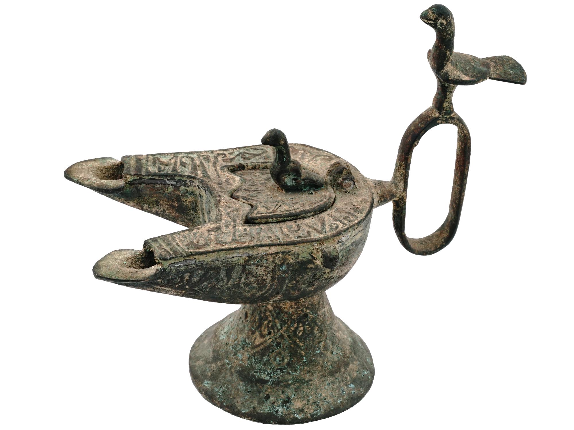 ANTIQUE ISLAMIC DOUBLE WICKED BRONZE OIL LAMP PIC-0