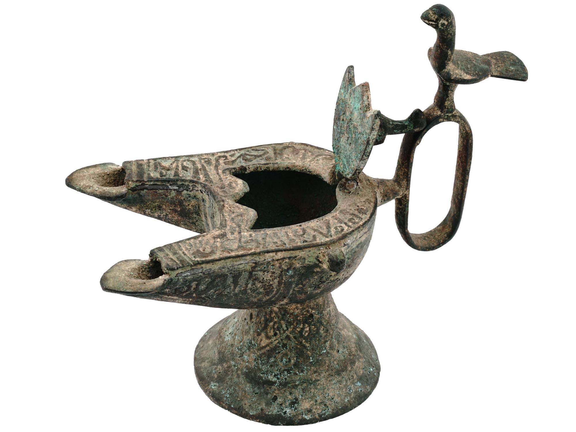 ANTIQUE ISLAMIC DOUBLE WICKED BRONZE OIL LAMP PIC-1