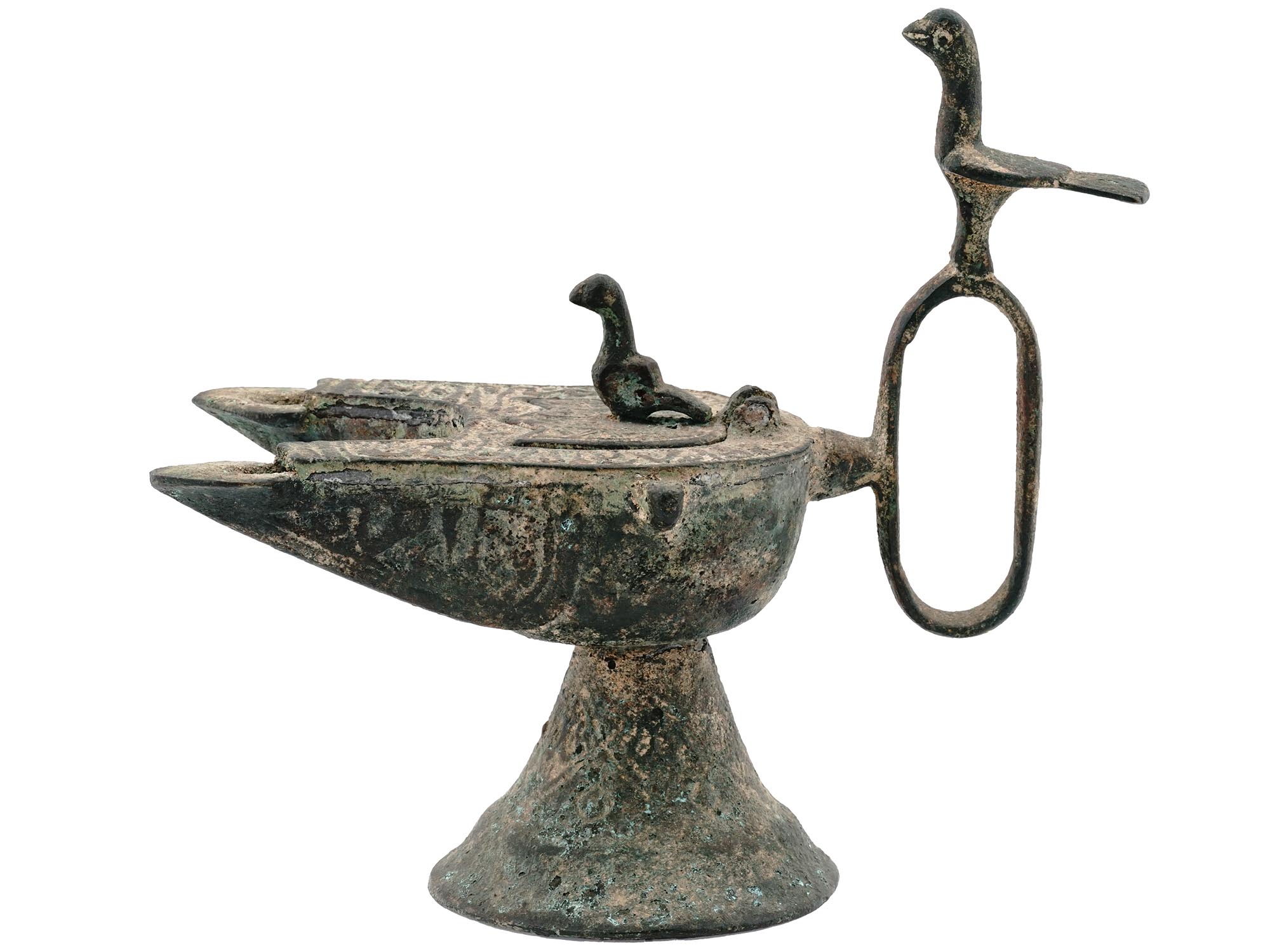 ANTIQUE ISLAMIC DOUBLE WICKED BRONZE OIL LAMP PIC-2
