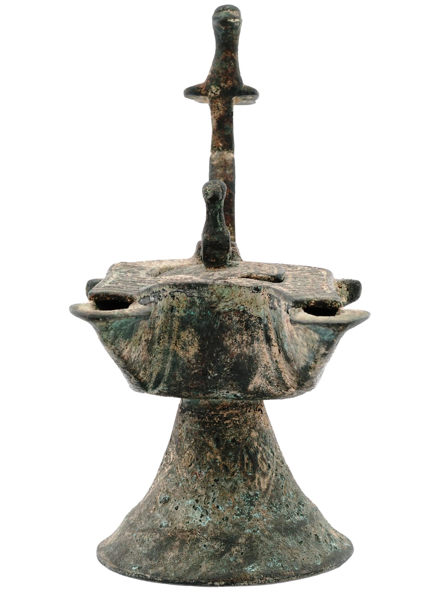 ANTIQUE ISLAMIC DOUBLE WICKED BRONZE OIL LAMP PIC-3