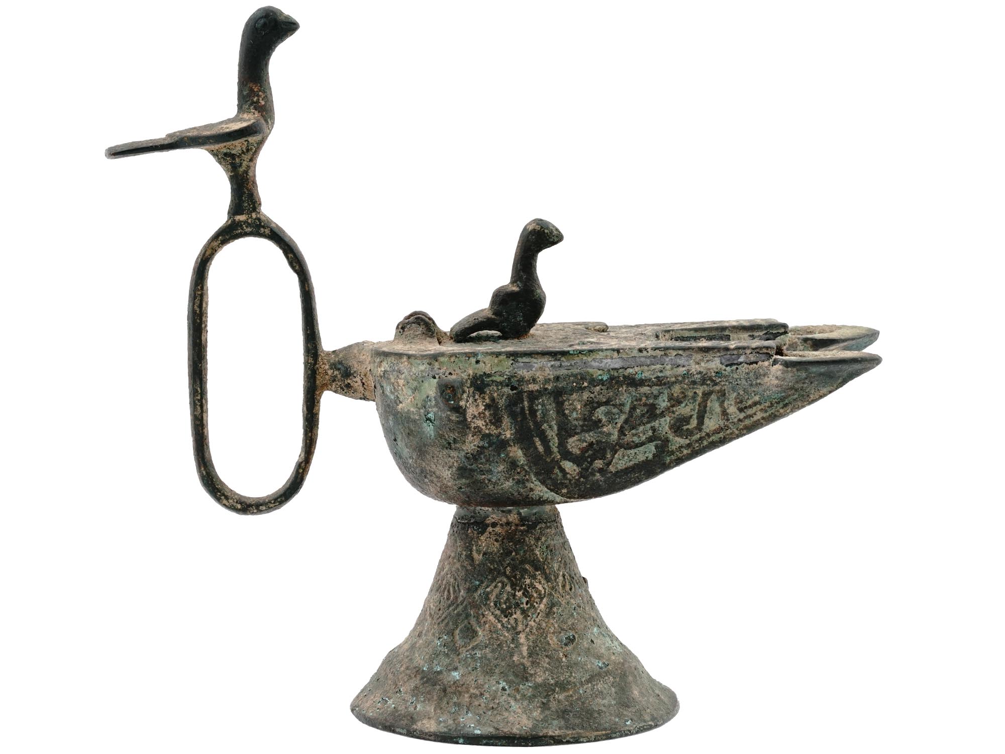 ANTIQUE ISLAMIC DOUBLE WICKED BRONZE OIL LAMP PIC-4