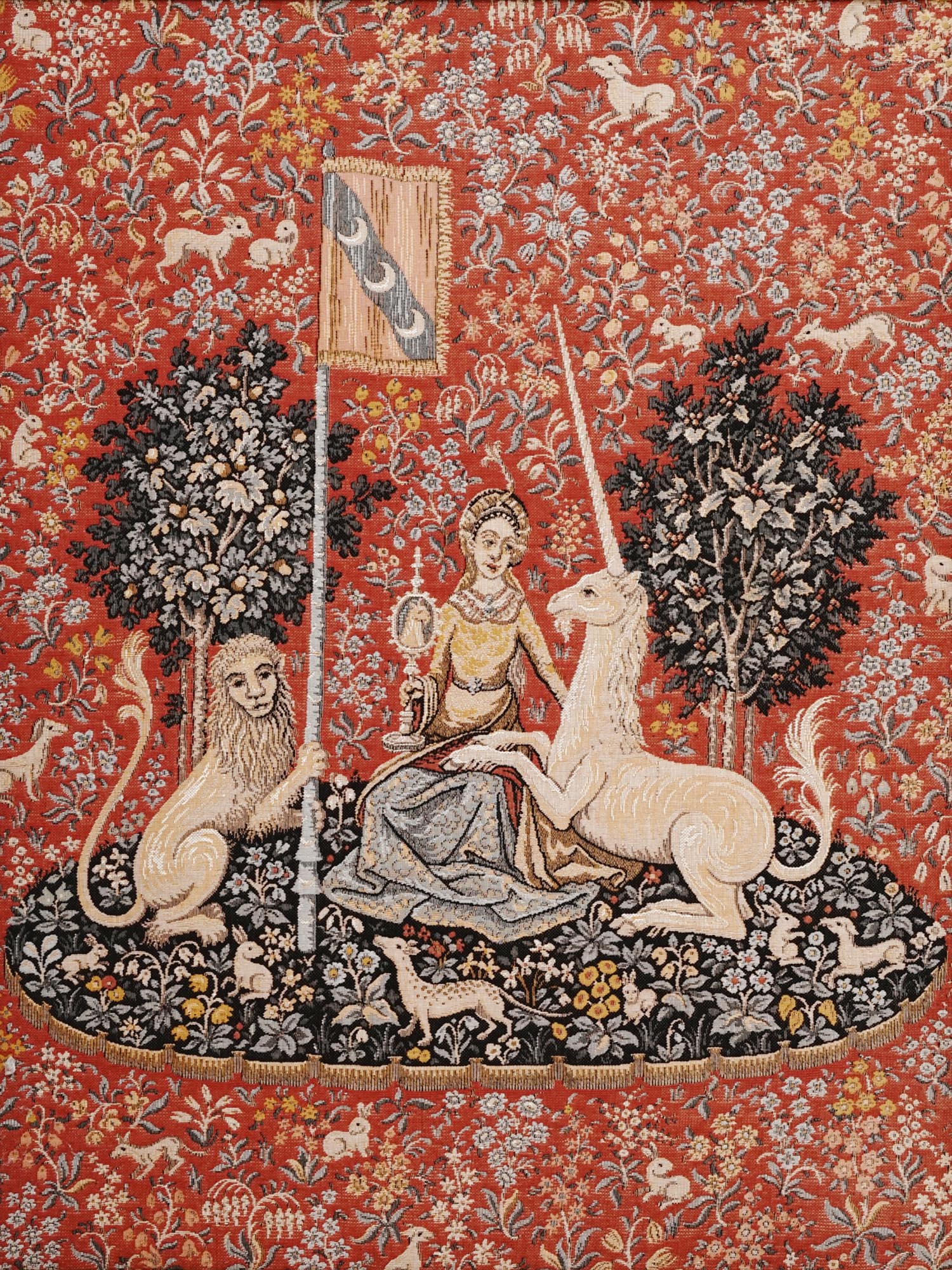 VINTAGE FRAMED TAPESTRY THE LADY AND THE UNICORN PIC-1