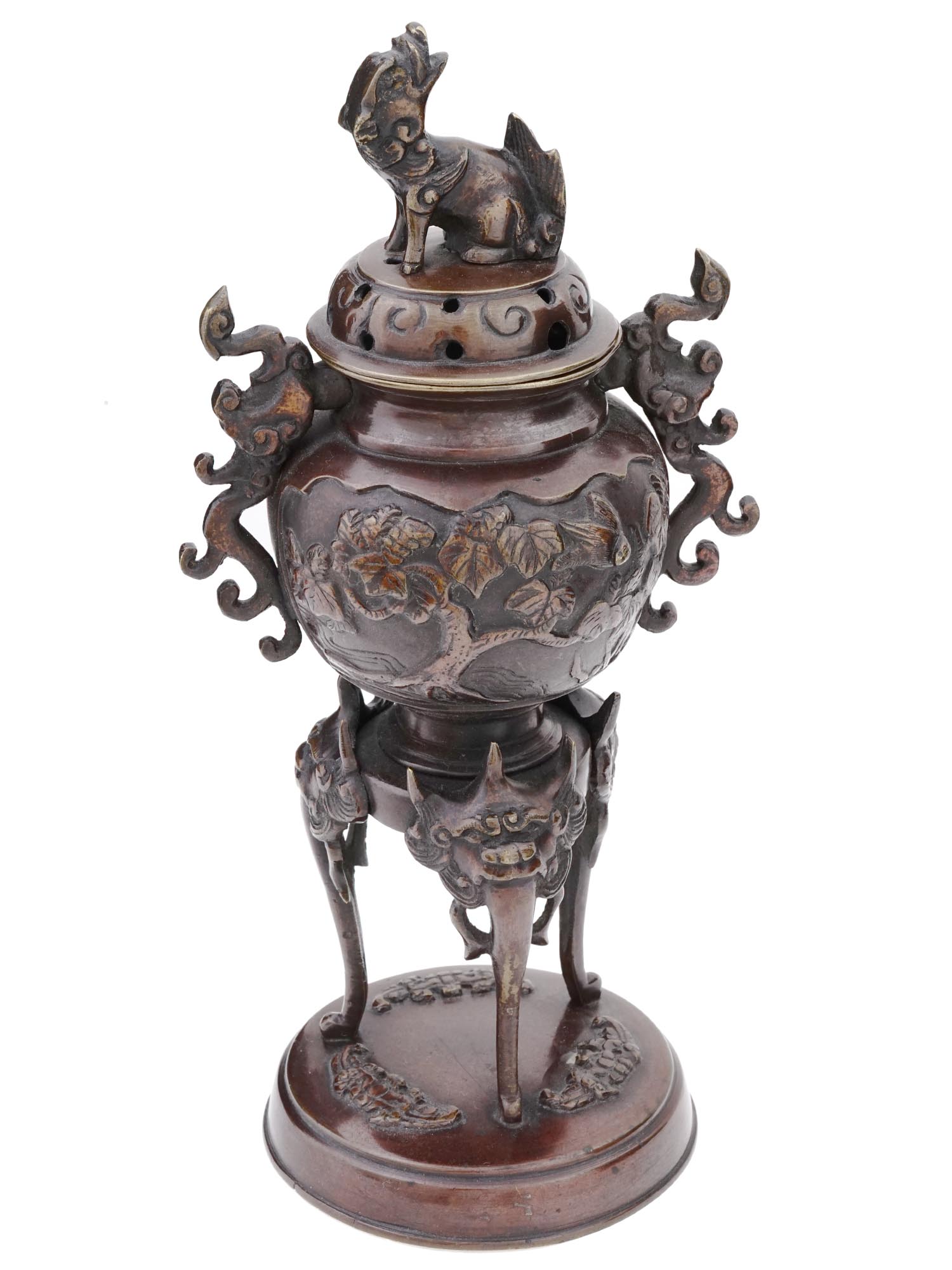 ANTIQUE JAPANESE BRONZE INCENSE BURNER WITH FOO DOG FINIAL PIC-0