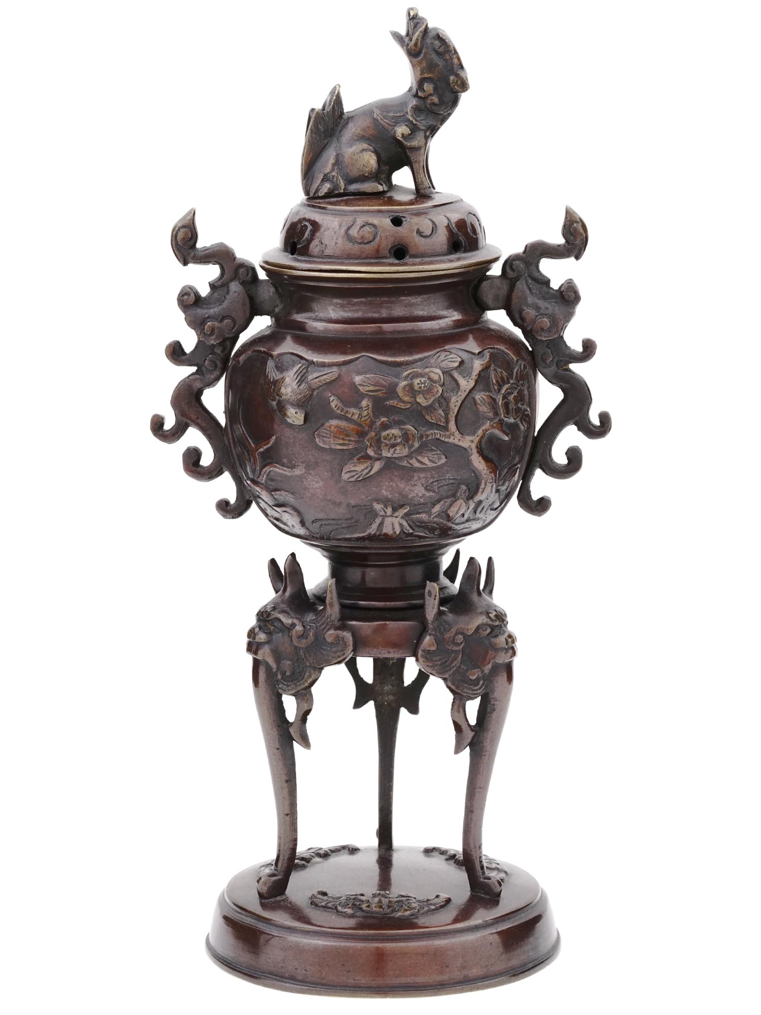 ANTIQUE JAPANESE BRONZE INCENSE BURNER WITH FOO DOG FINIAL PIC-3
