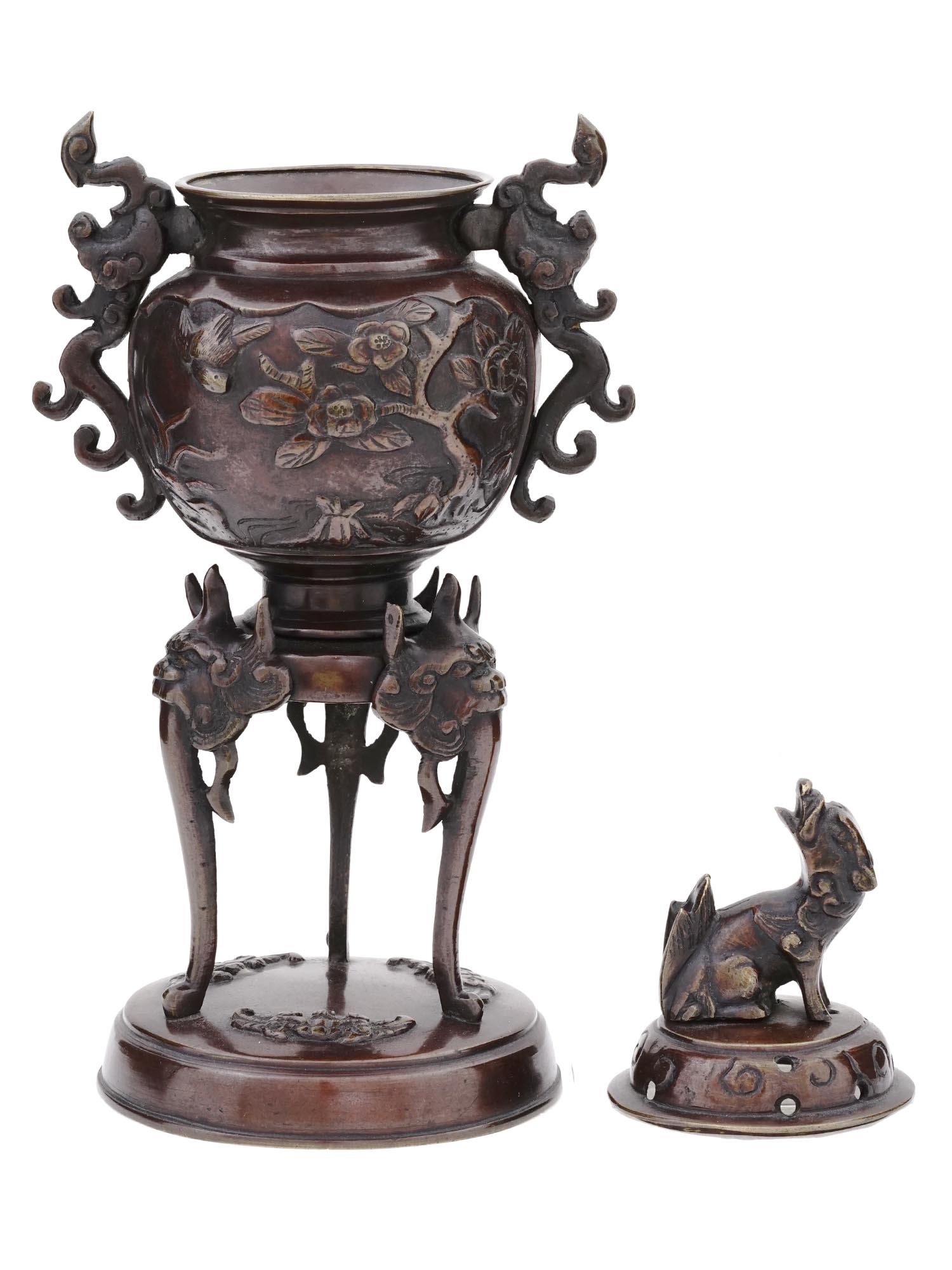 ANTIQUE JAPANESE BRONZE INCENSE BURNER WITH FOO DOG FINIAL PIC-4