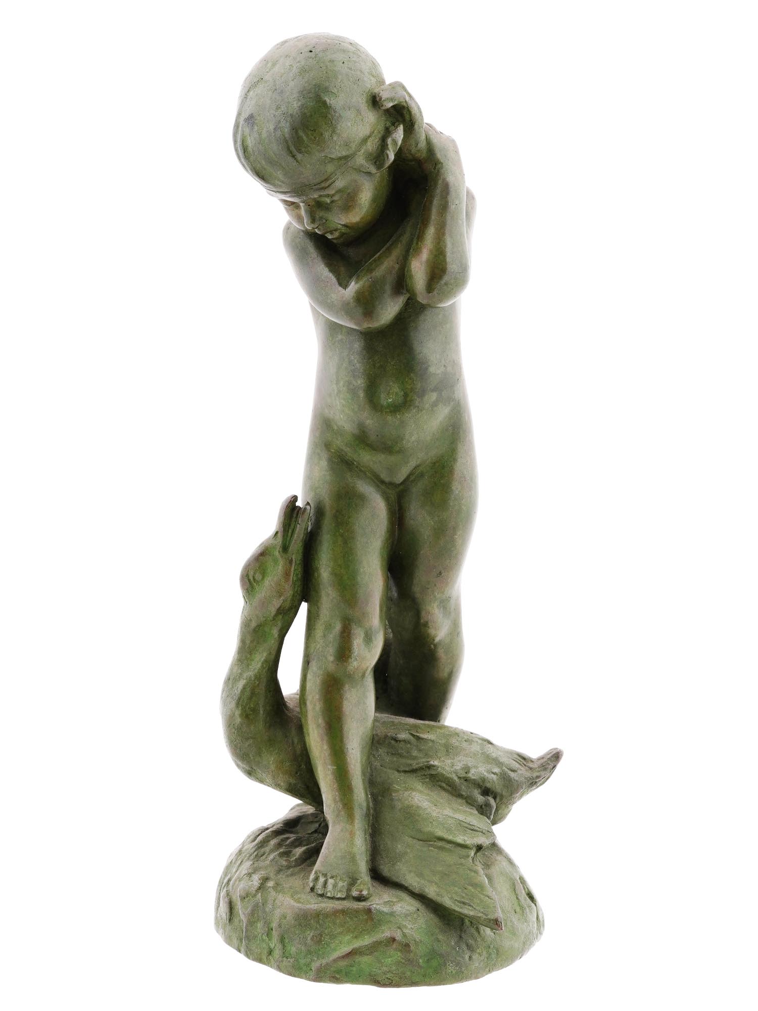 BRONZE SCULPTURE CHILD AND DUCK BY EDWARD BERGE PIC-0