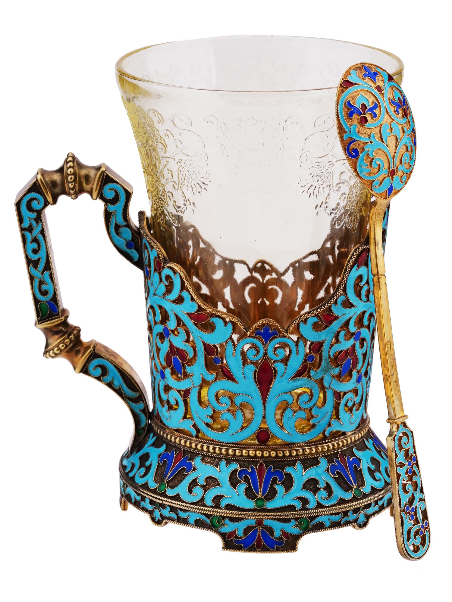 RUSSIAN SILVER ENAMEL TEA GLASS HOLDER WITH SPOON PIC-0