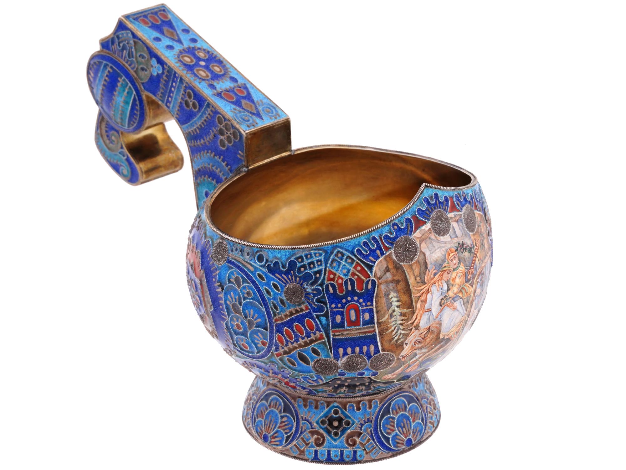 RUSSIAN 84 GILT SILVER AND CLOISONNE ENAMEL KOVSH PIC-0