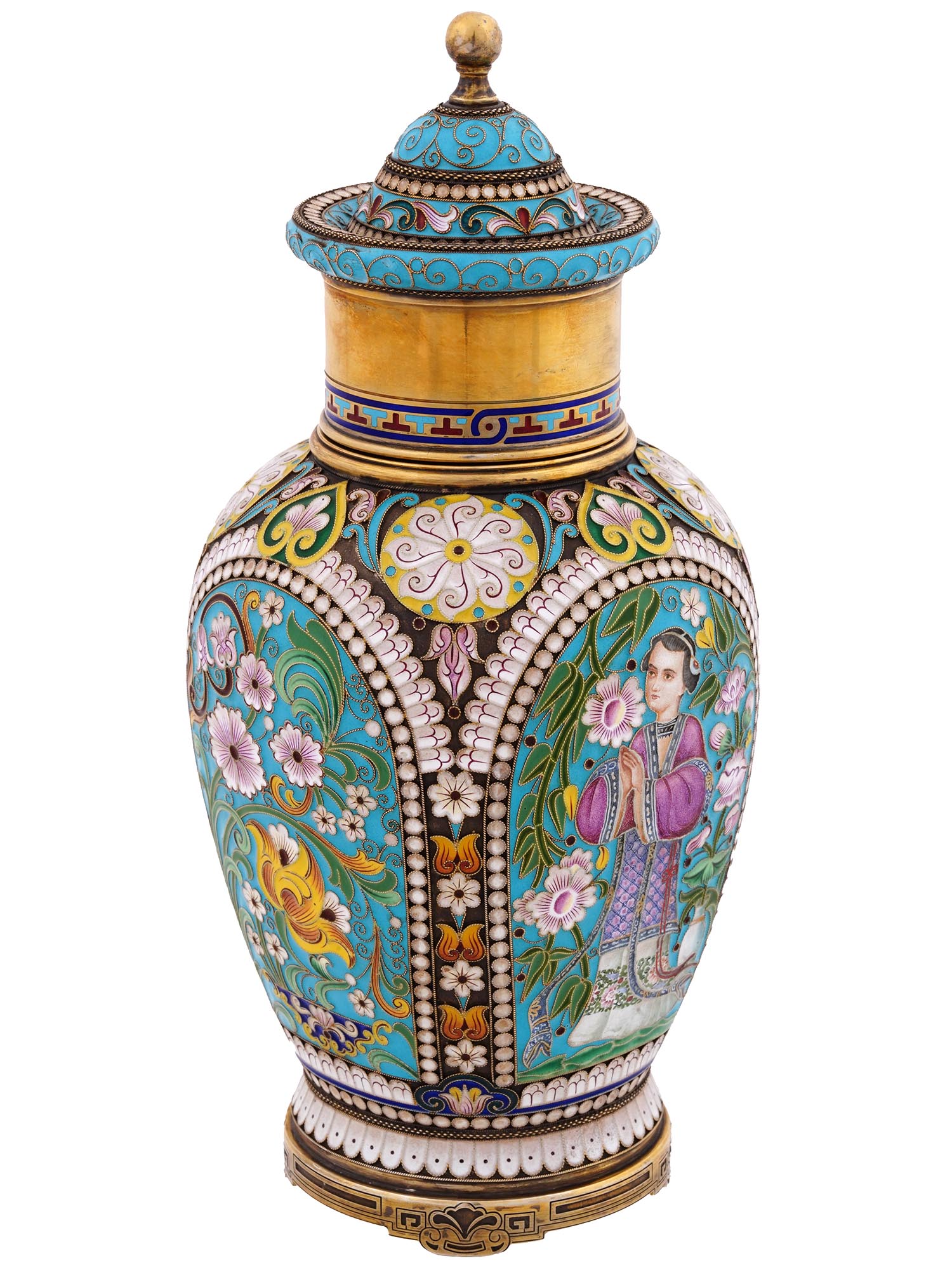 LARGE RUSSIAN SILVER CLOISONNE ENAMEL TEA CADDY PIC-0