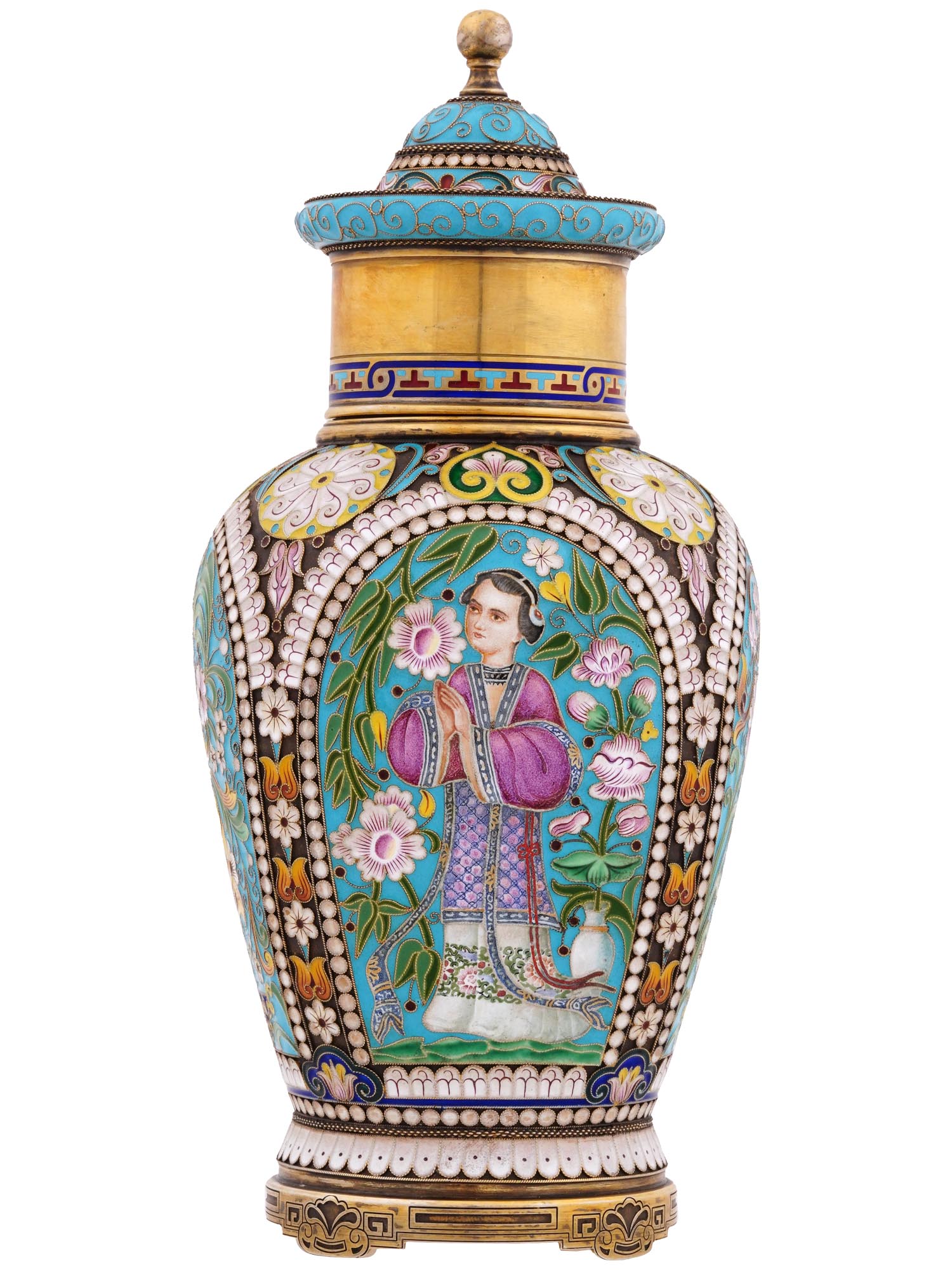 LARGE RUSSIAN SILVER CLOISONNE ENAMEL TEA CADDY PIC-1