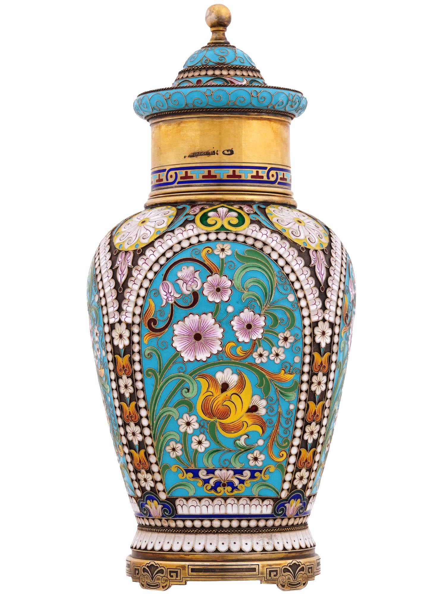 LARGE RUSSIAN SILVER CLOISONNE ENAMEL TEA CADDY PIC-2