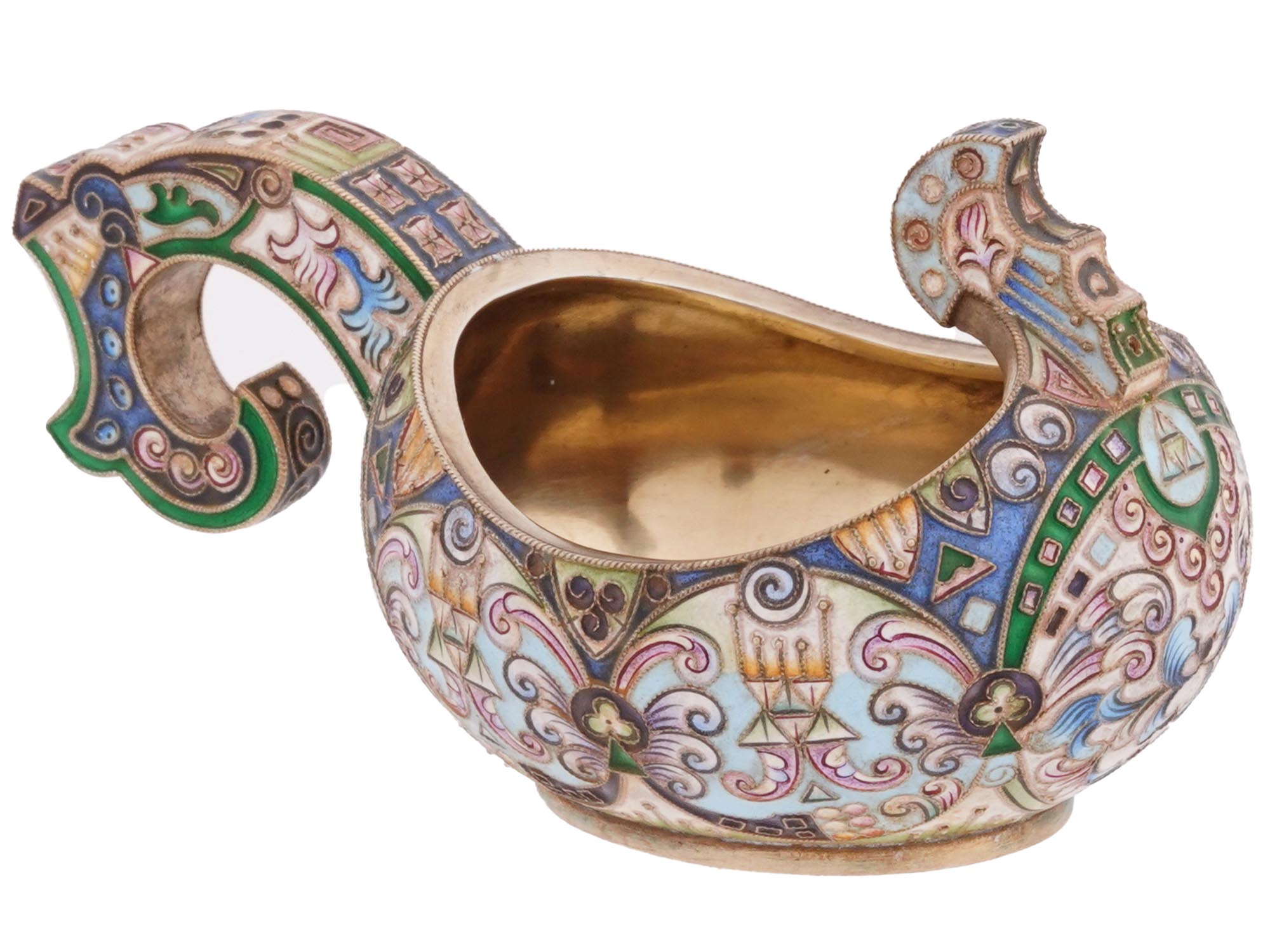 RUSSIAN 84 GILT SILVER AND CLOISONNE ENAMEL KOVSH PIC-0