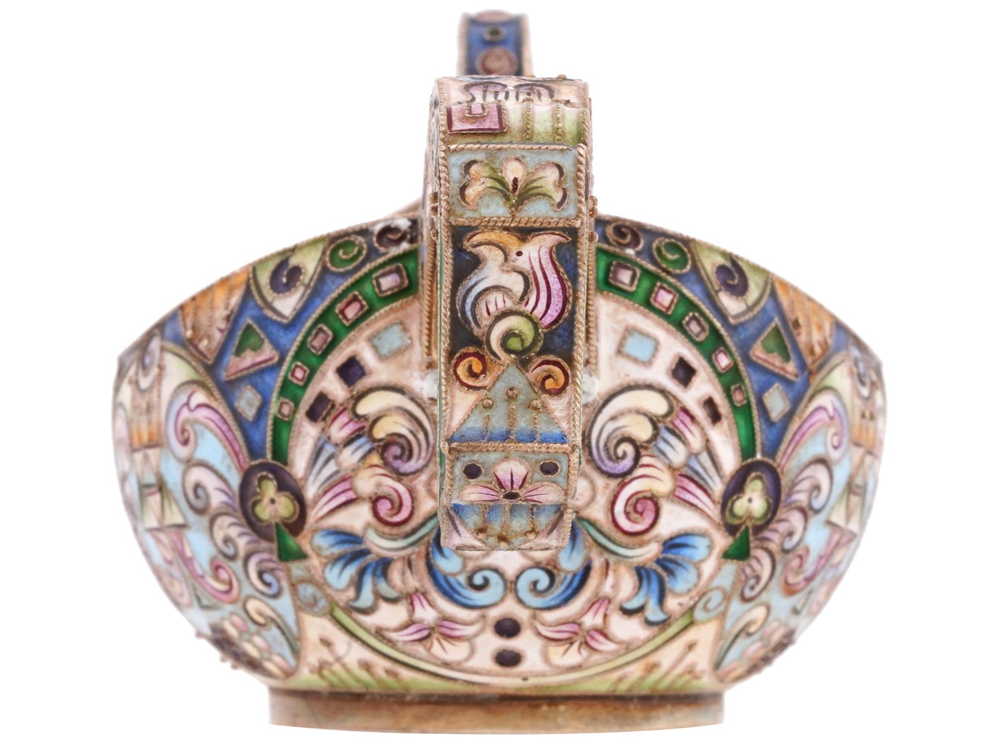 RUSSIAN 84 GILT SILVER AND CLOISONNE ENAMEL KOVSH PIC-4