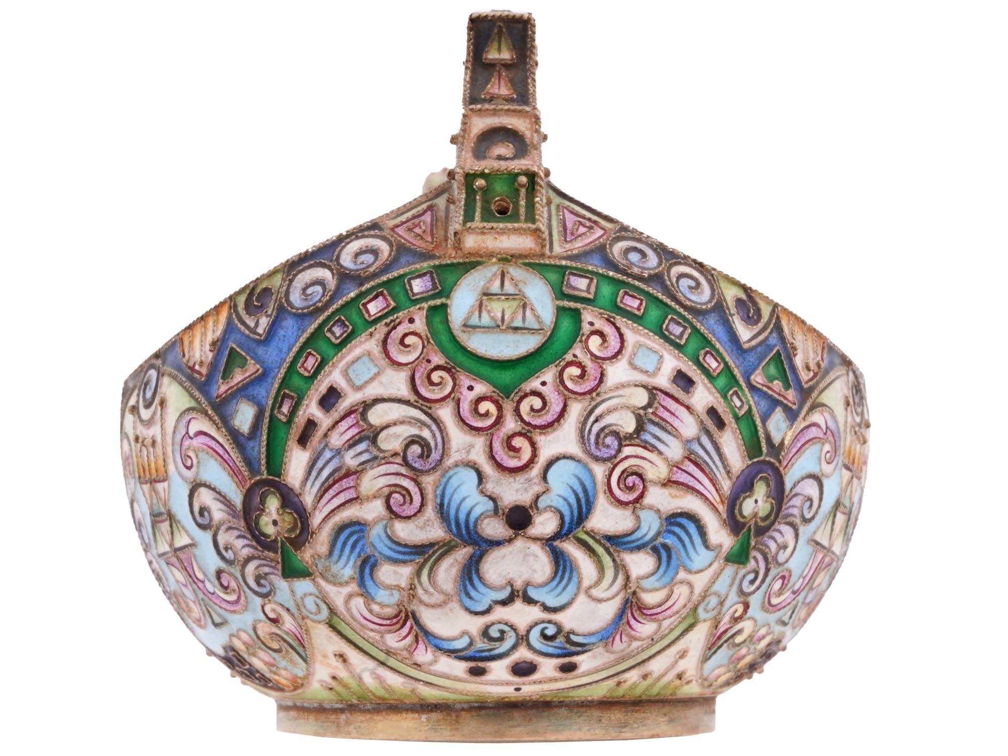 RUSSIAN 84 GILT SILVER AND CLOISONNE ENAMEL KOVSH PIC-2