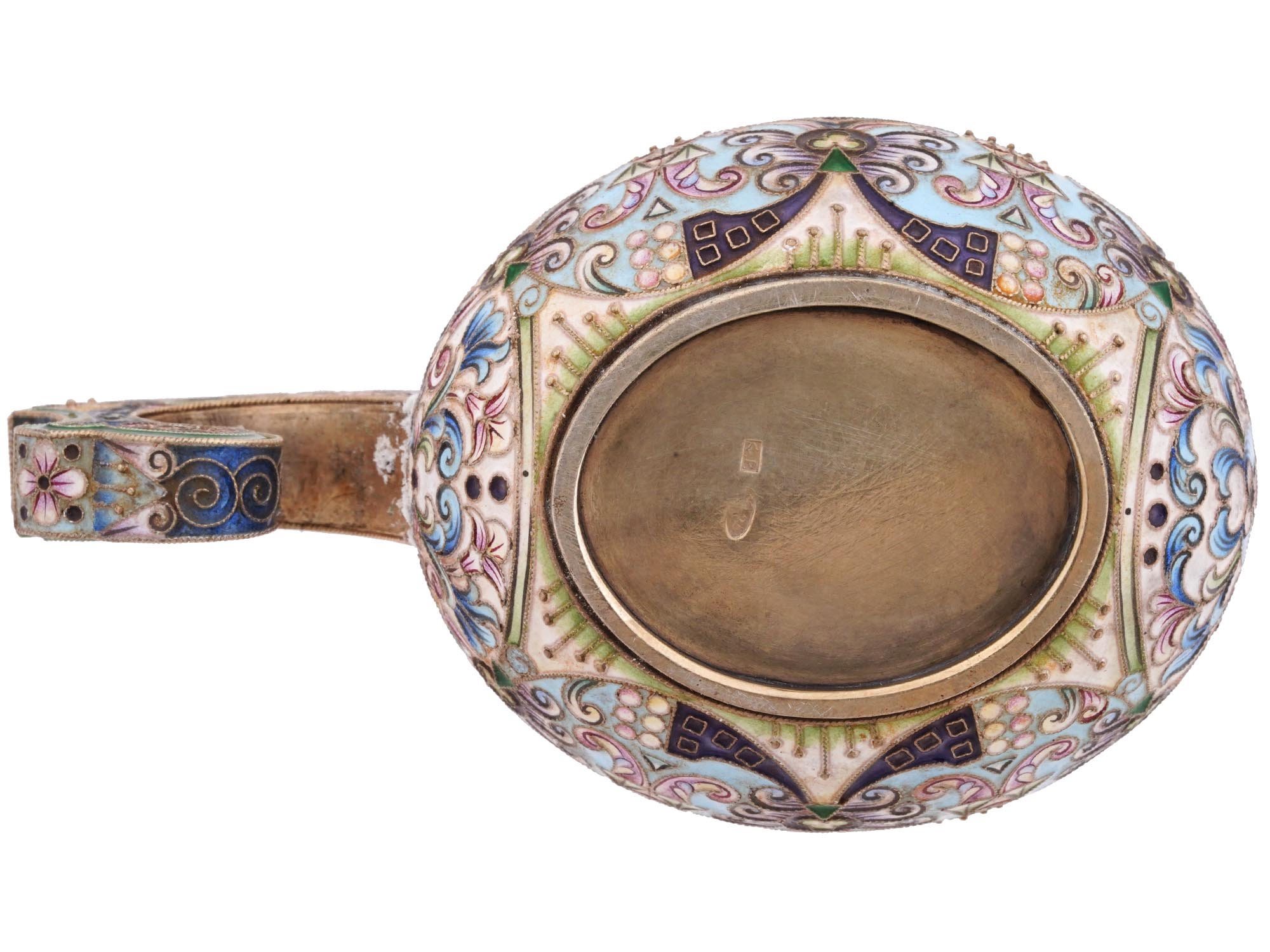 RUSSIAN 84 GILT SILVER AND CLOISONNE ENAMEL KOVSH PIC-6