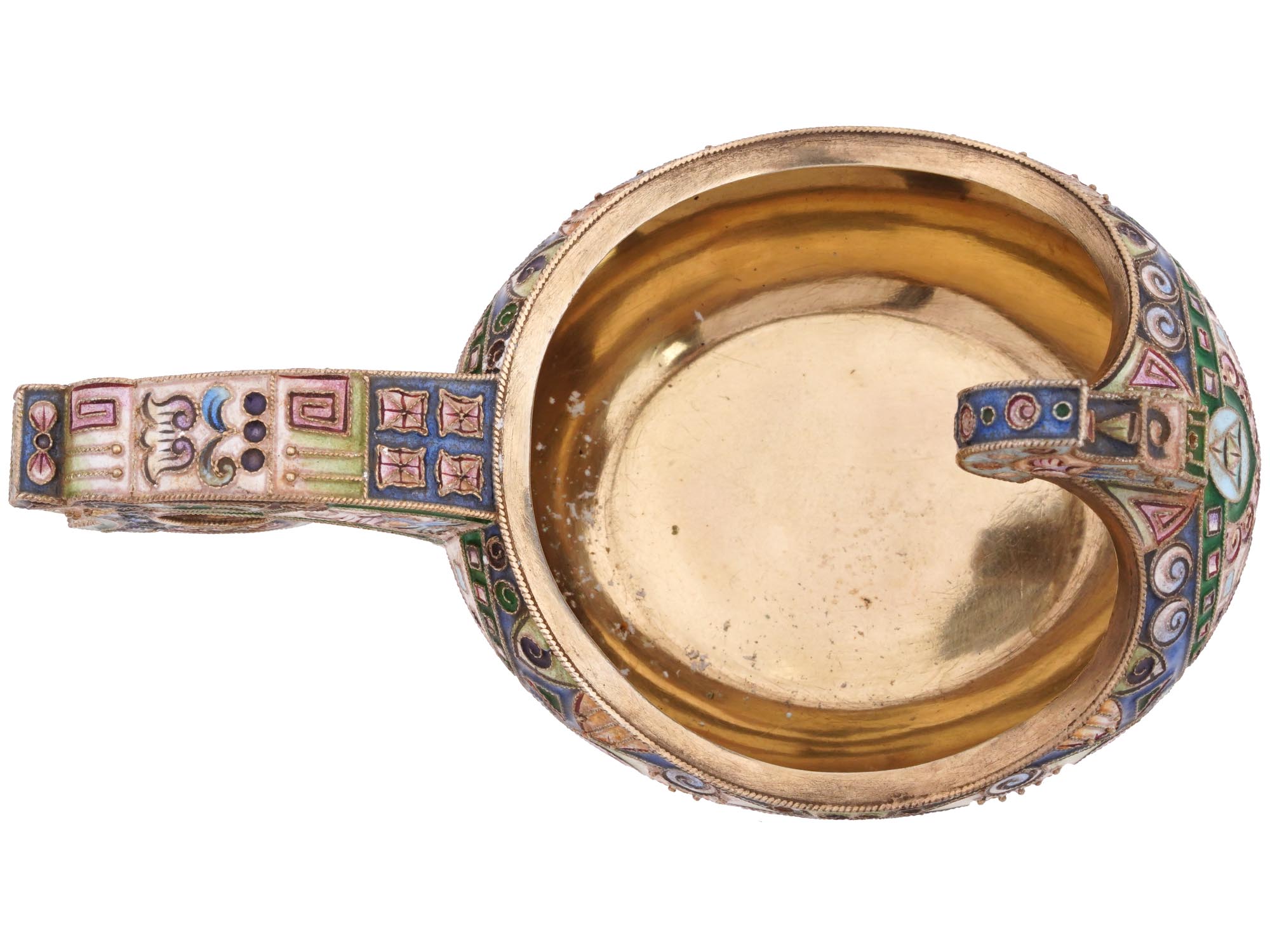 RUSSIAN 84 GILT SILVER AND CLOISONNE ENAMEL KOVSH PIC-5