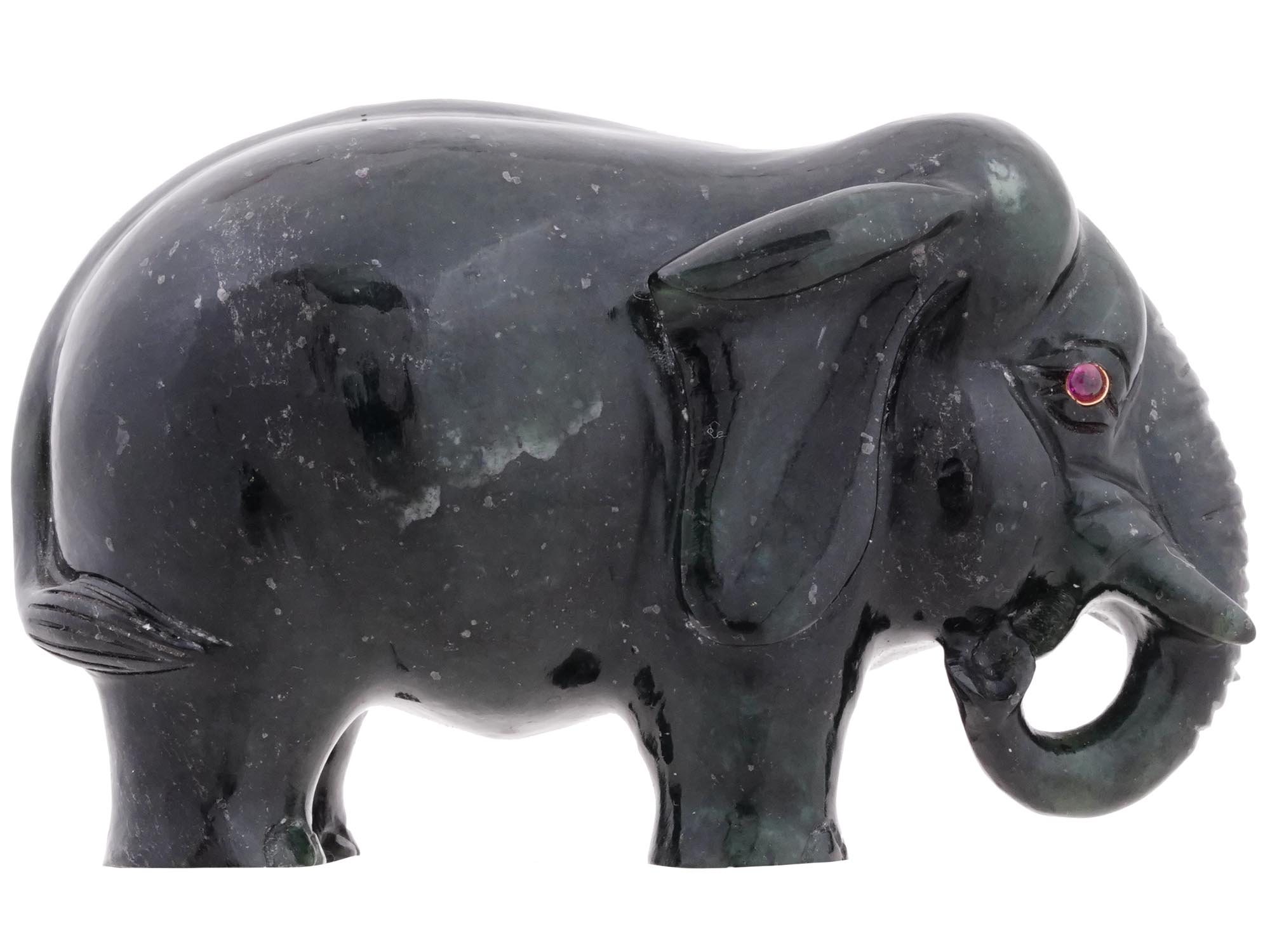 RUSSIAN CARVED NEPHRITE JADE RUBY ELEPHANT FIGURE PIC-1