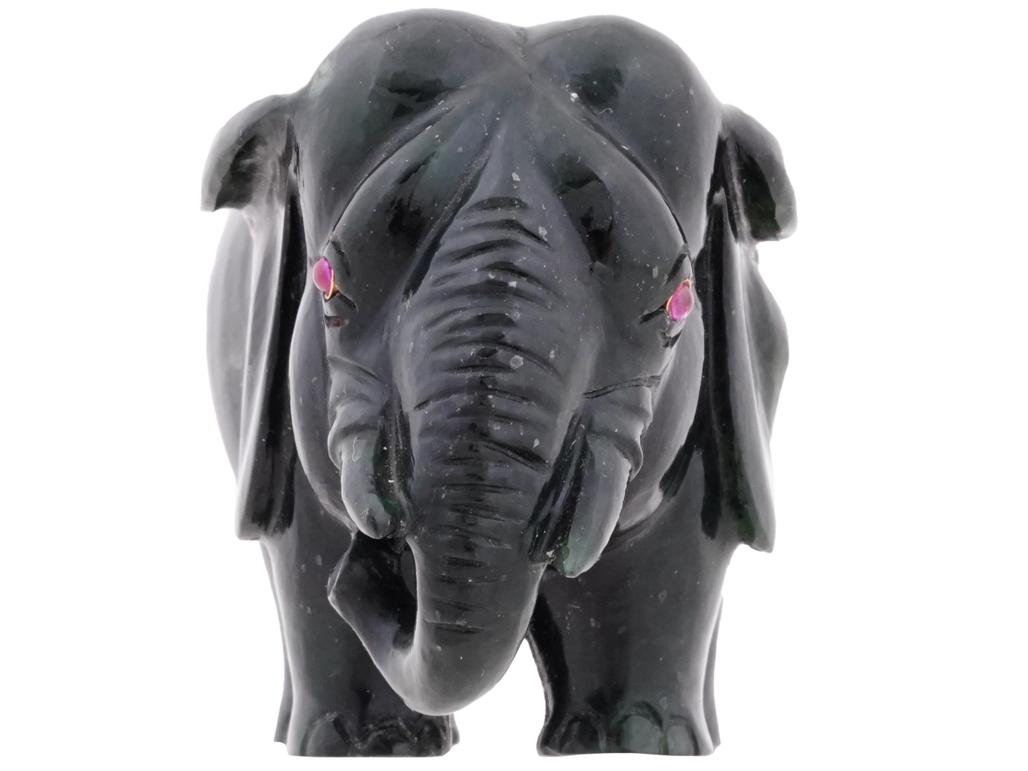 RUSSIAN CARVED NEPHRITE JADE RUBY ELEPHANT FIGURE PIC-2