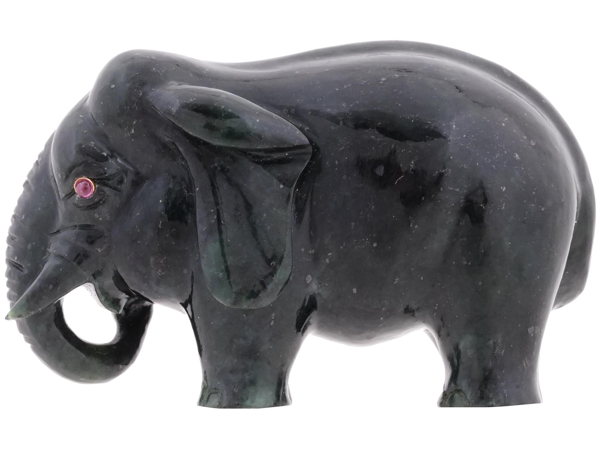 RUSSIAN CARVED NEPHRITE JADE RUBY ELEPHANT FIGURE PIC-3