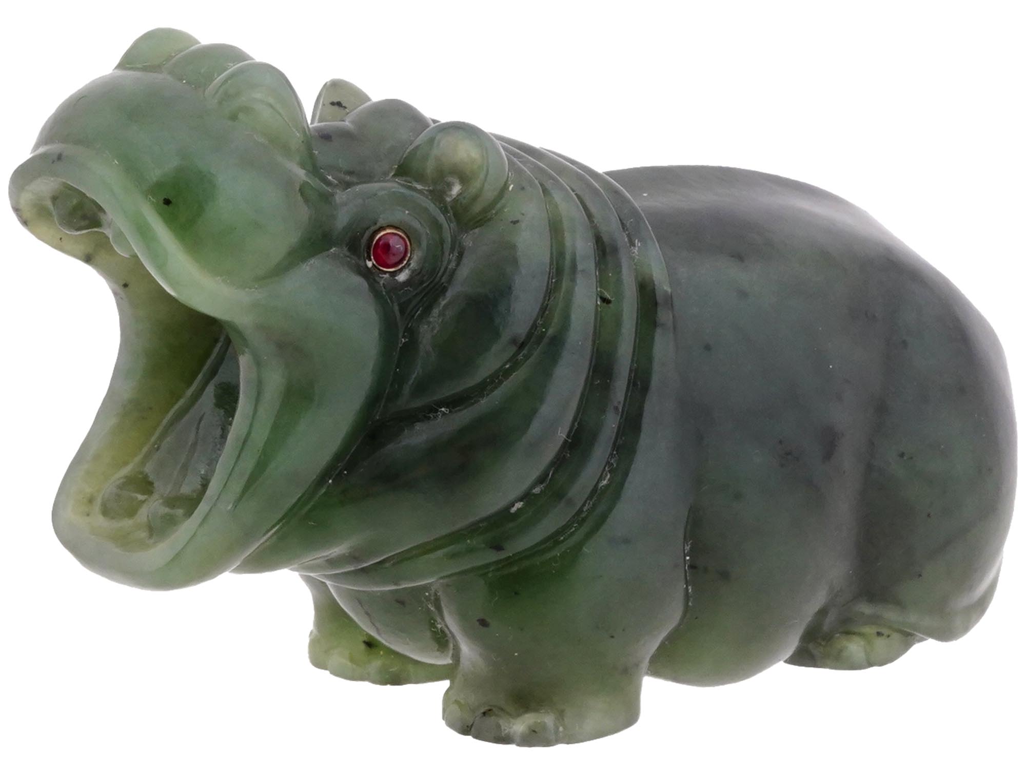 RUSSIAN CARVED NEPHRITE JADE RUBY HIPPO FIGURINE PIC-0