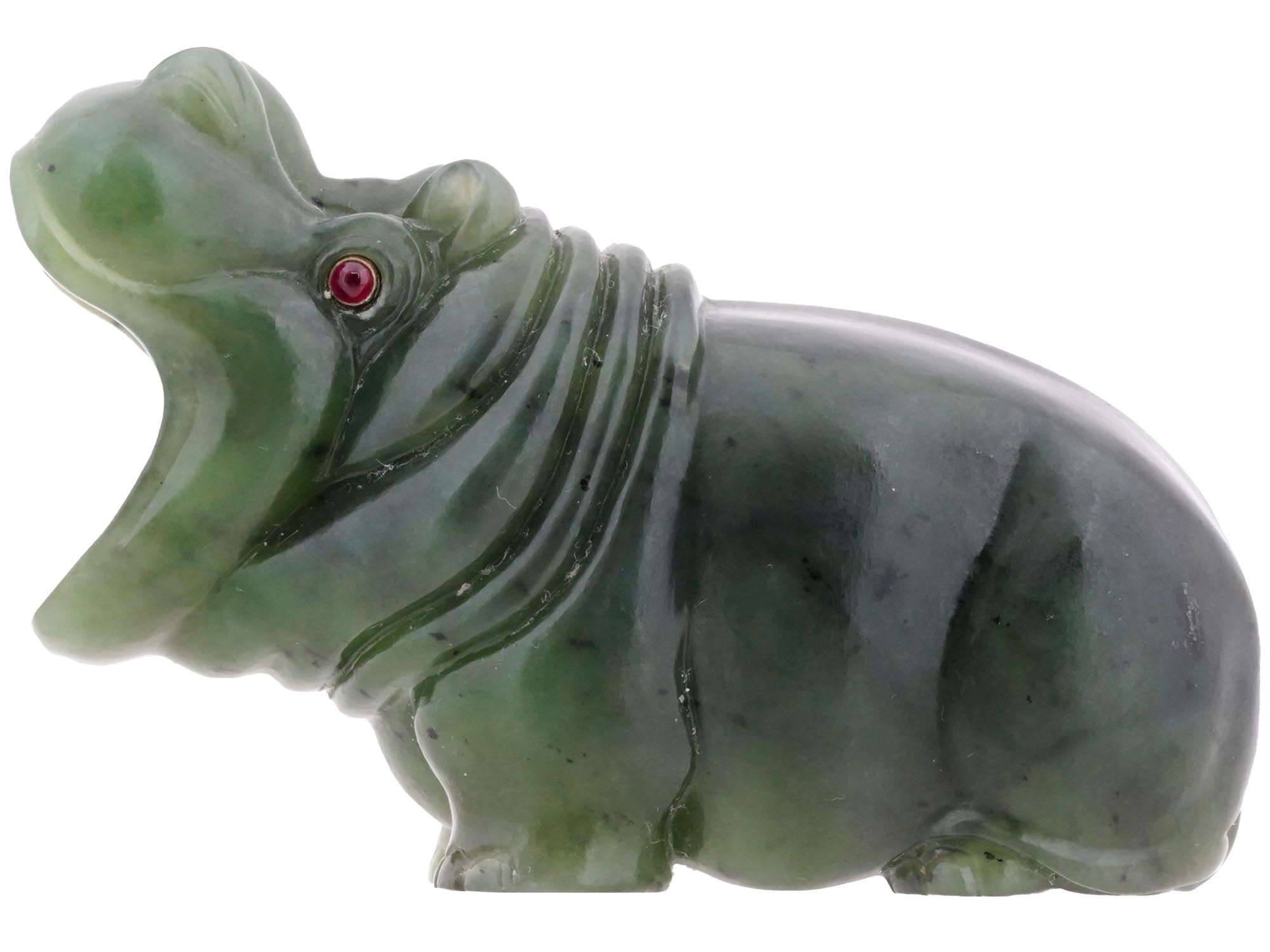 RUSSIAN CARVED NEPHRITE JADE RUBY HIPPO FIGURINE PIC-1