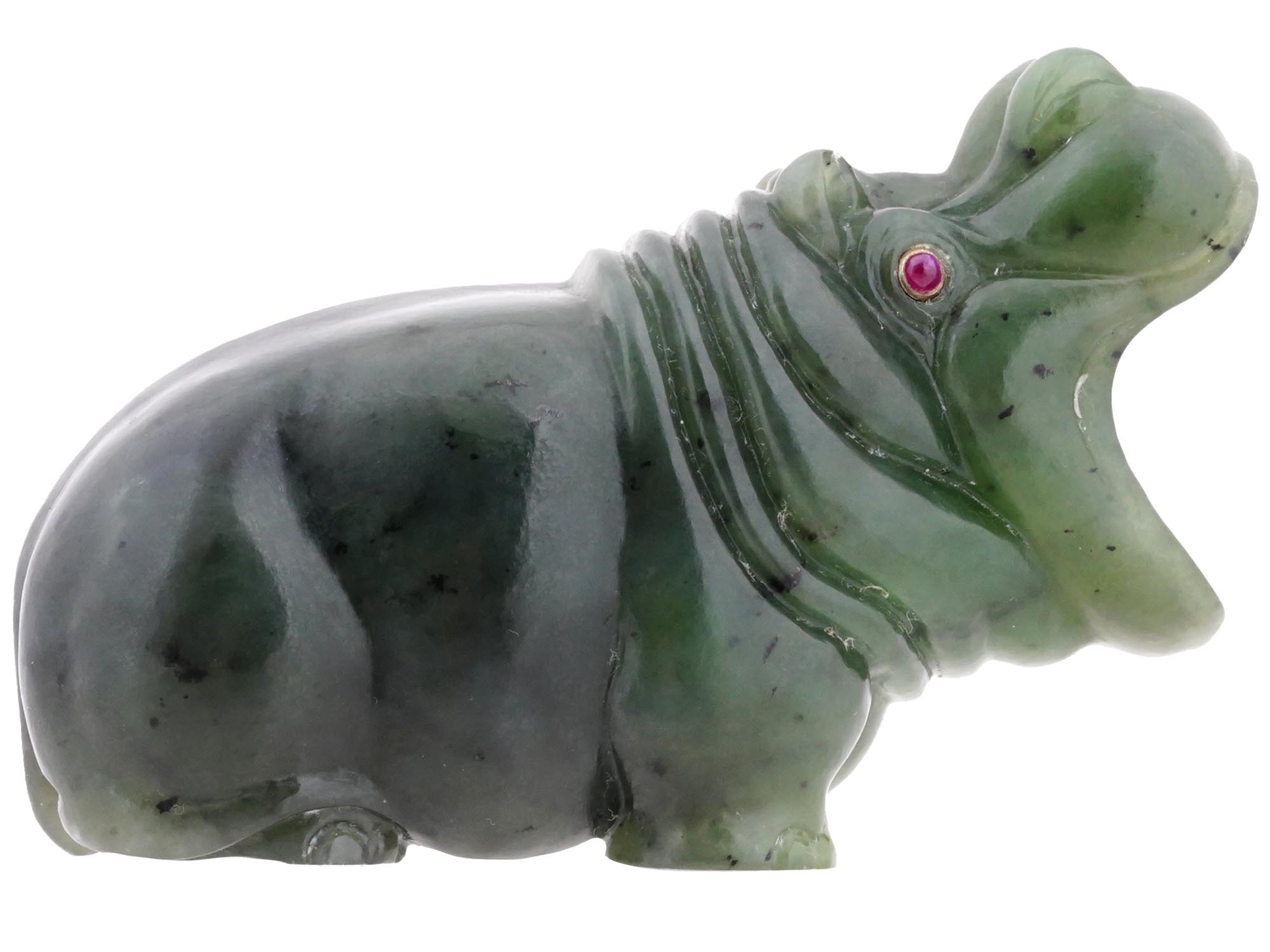 RUSSIAN CARVED NEPHRITE JADE RUBY HIPPO FIGURINE PIC-3