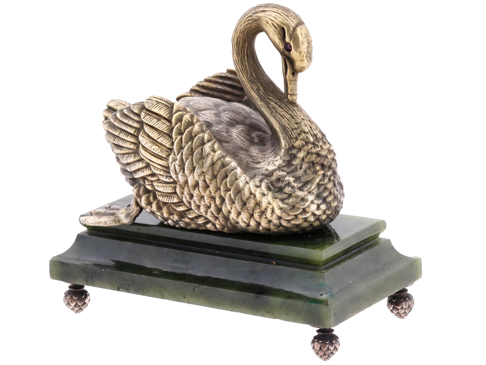 RUSSIAN SILVER CARVED NEPHRITE FIGURINE OF SWAN PIC-0