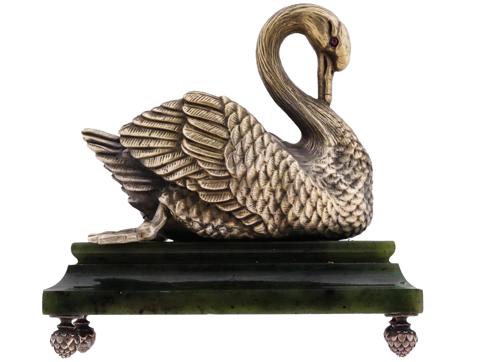 RUSSIAN SILVER CARVED NEPHRITE FIGURINE OF SWAN PIC-3