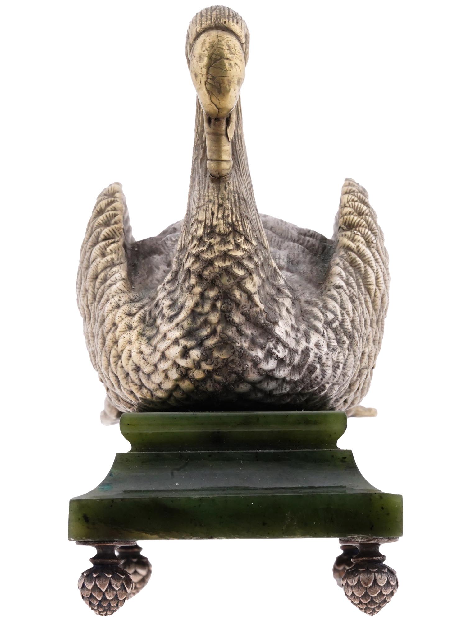 RUSSIAN SILVER CARVED NEPHRITE FIGURINE OF SWAN PIC-2