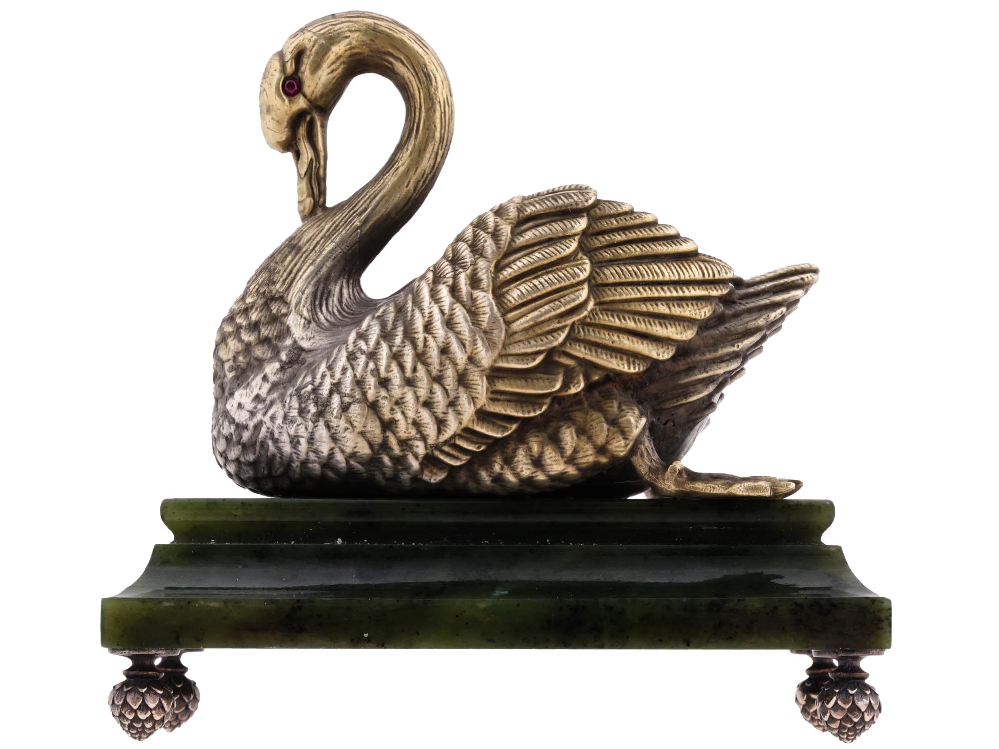 RUSSIAN SILVER CARVED NEPHRITE FIGURINE OF SWAN PIC-1