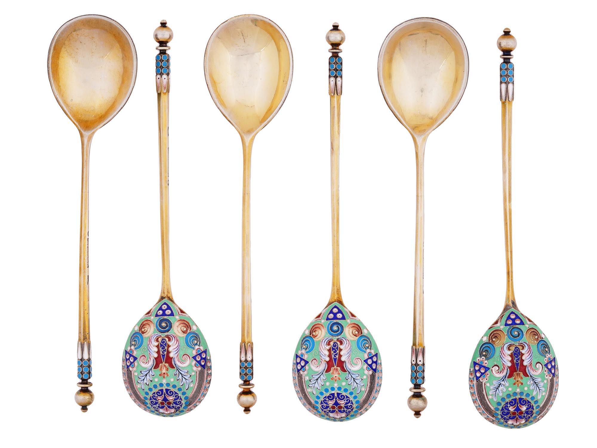 RUSSIAN GILT SILVER ENAMEL SPOONS PIC-0