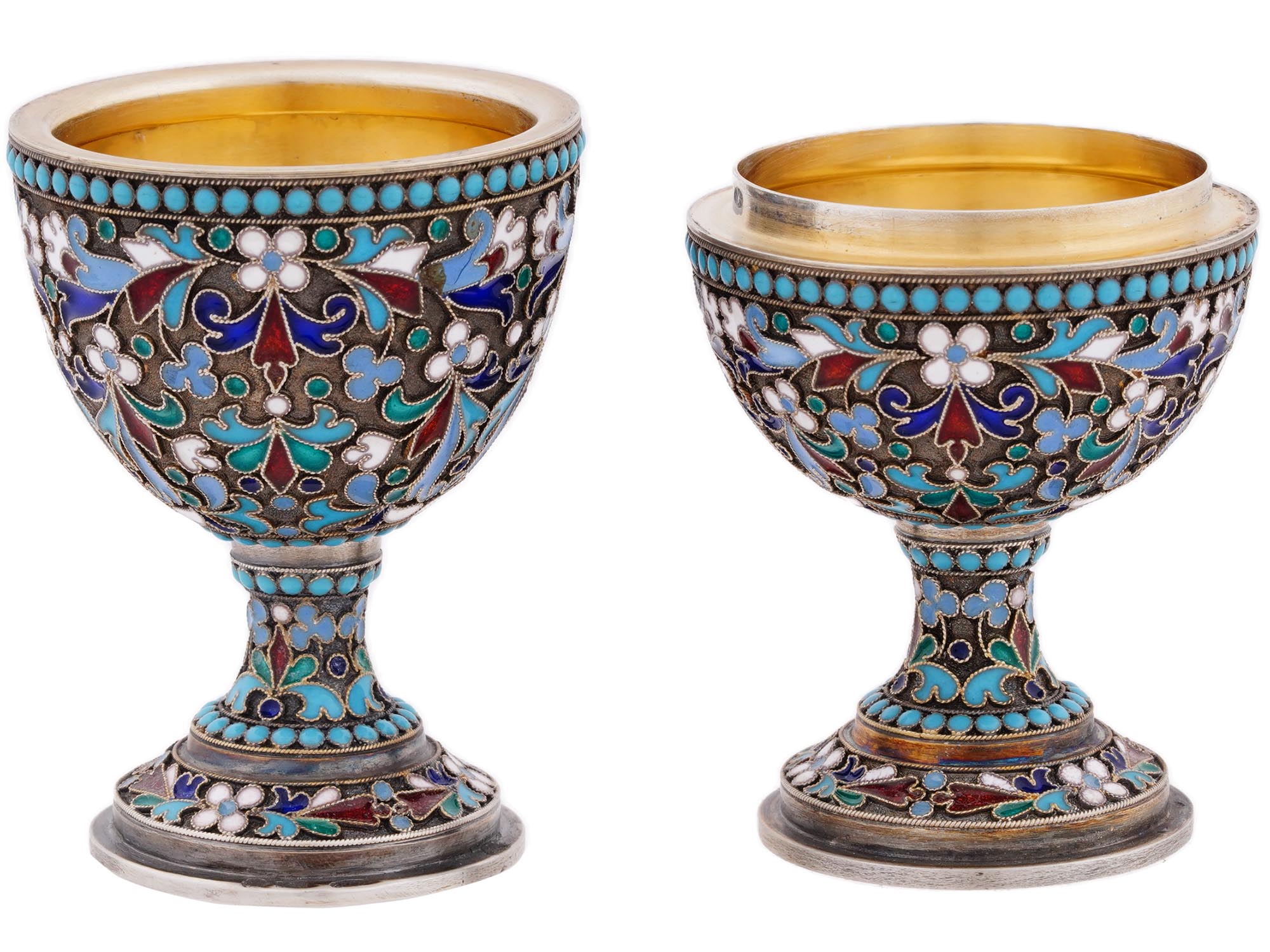 RUSSIAN GILT SILVER ENAMEL EGG CUPS PIC-1