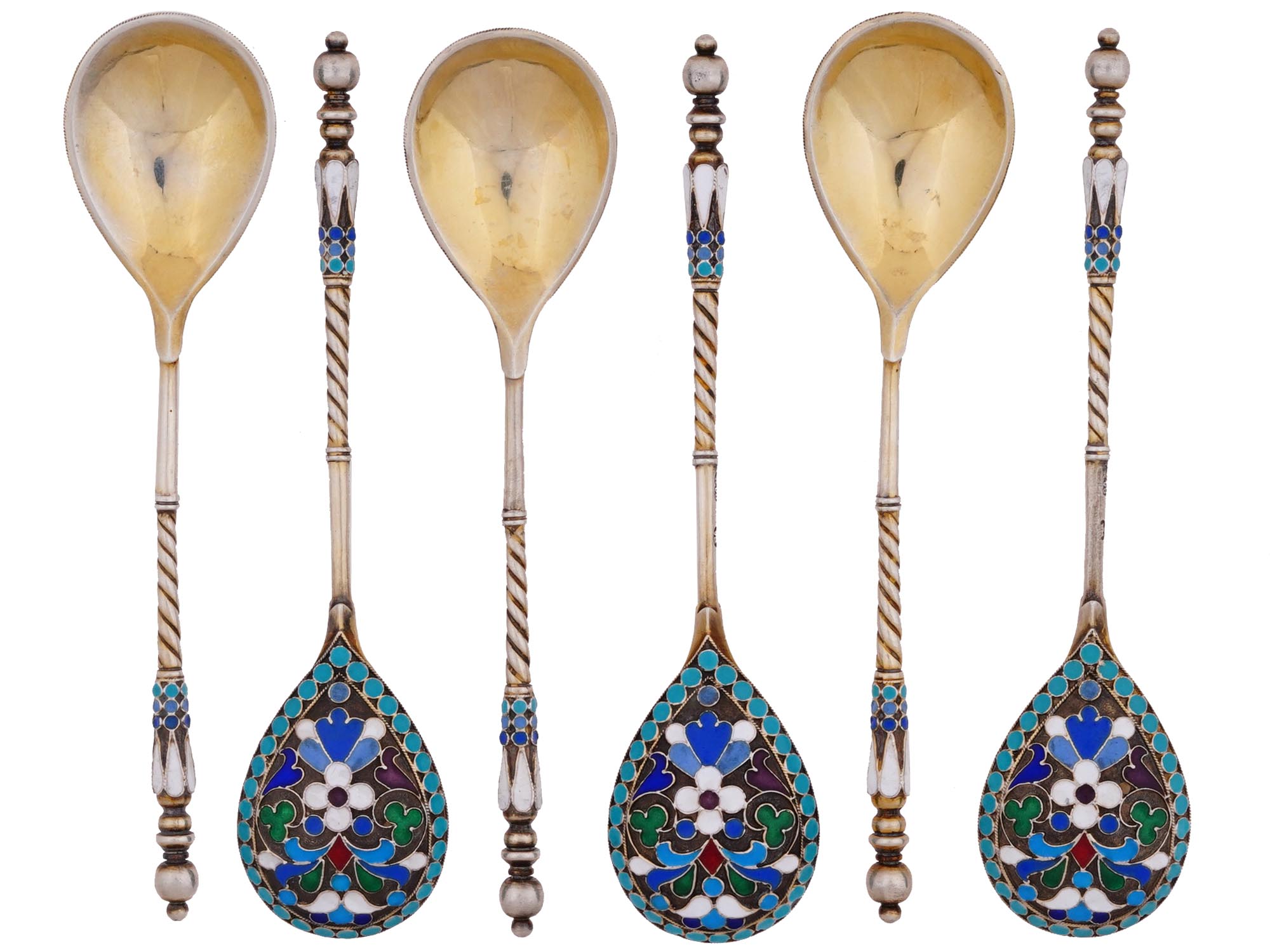 RUSSIAN GILT SILVER CLOISONNE ENAMEL SPOONS SET PIC-0