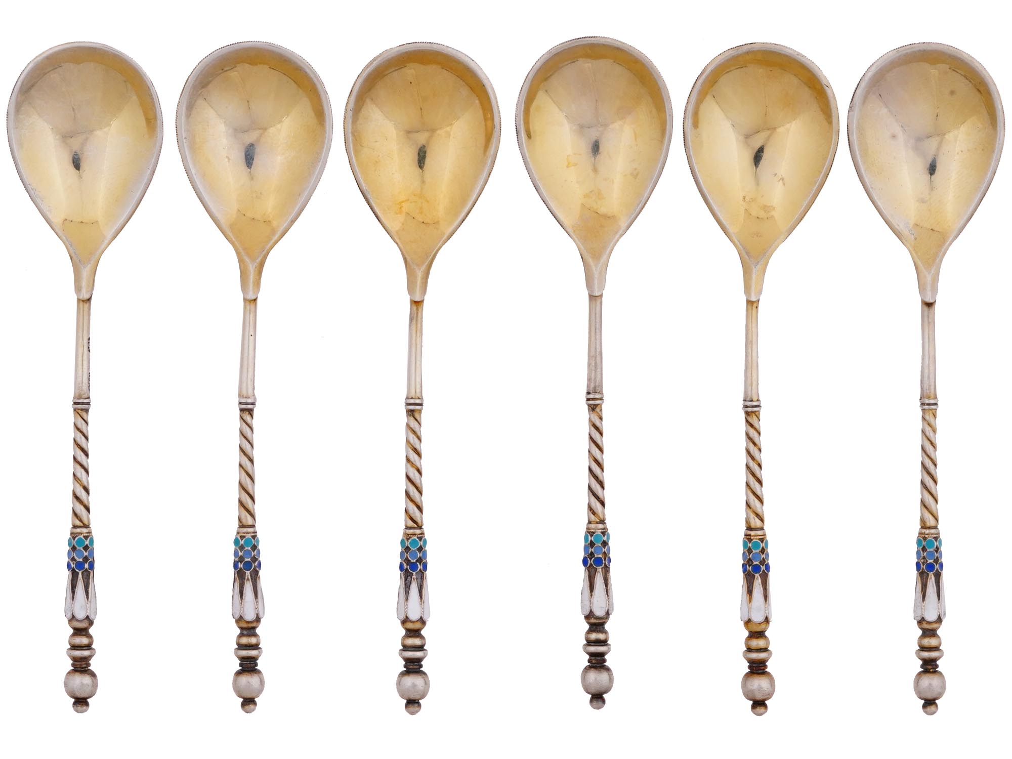 RUSSIAN GILT SILVER CLOISONNE ENAMEL SPOONS SET PIC-2