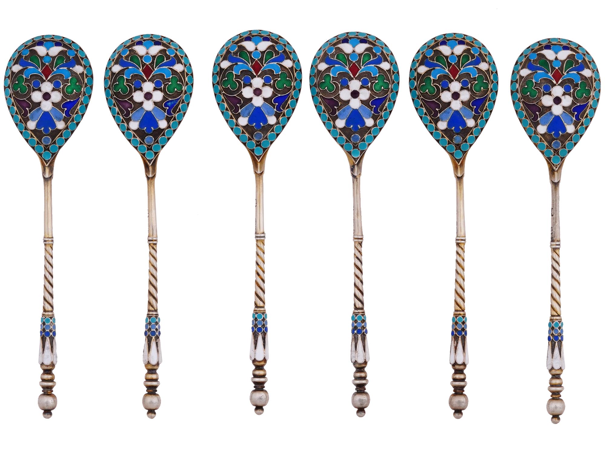 RUSSIAN GILT SILVER CLOISONNE ENAMEL SPOONS SET PIC-1