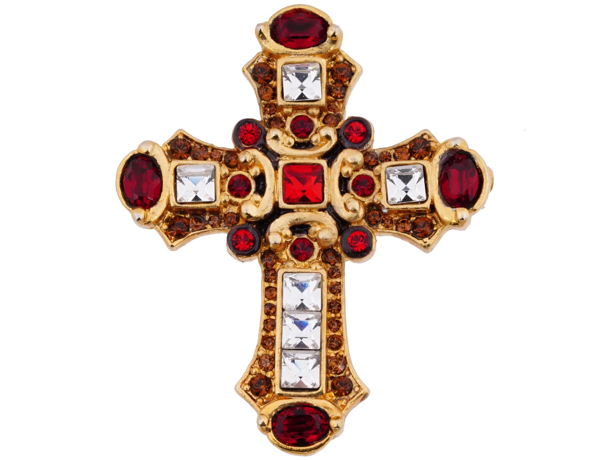 JAY STRONGWATER RED CRYSTAL CROSS BROOCH PENDANT PIC-1